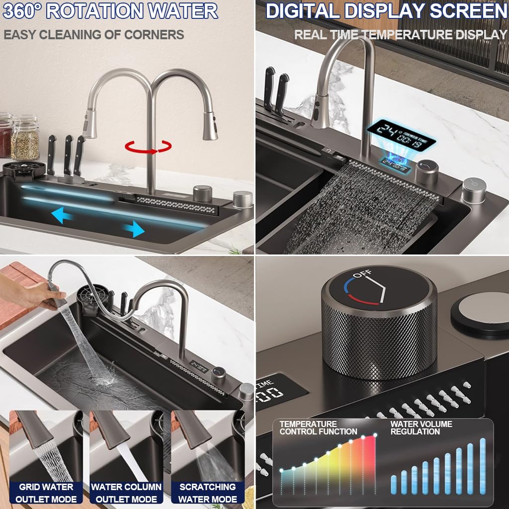 OMGMTSTORE 75x45CM Lavello da cucina in acciaio inox con rubinetto estraibile digitale, multifunzione, con cestello di scarico, lavabo, tagliere, bicchiere e scarico
