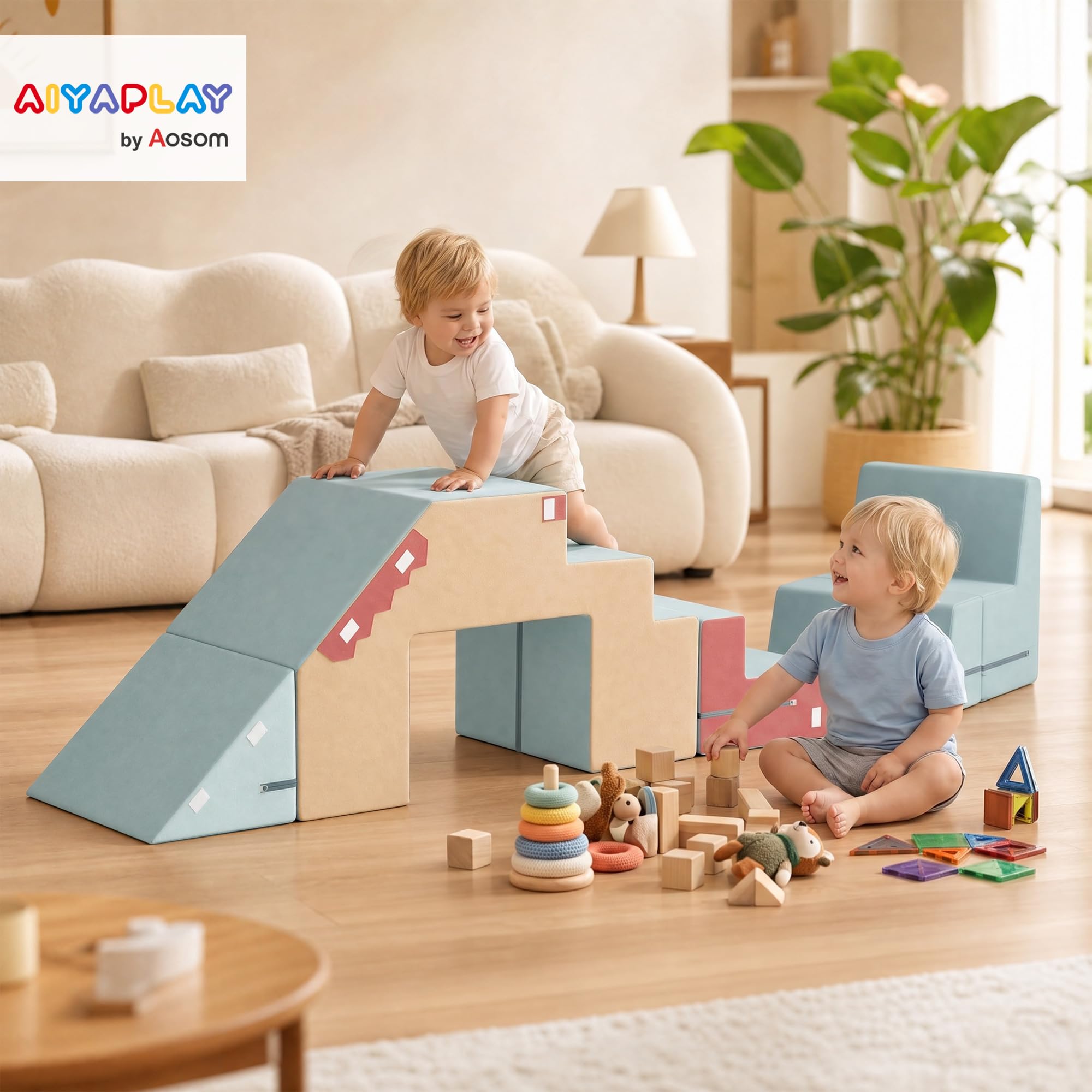 AIYAPLAY Montessori - Set di 2 mattoncini da costruzione in schiuma per bambini, antiscivolo, morbidi, XXL, blocchi da arrampicata, pieghevoli, set da tavolo e sedie con rivestimento rimovibile, per