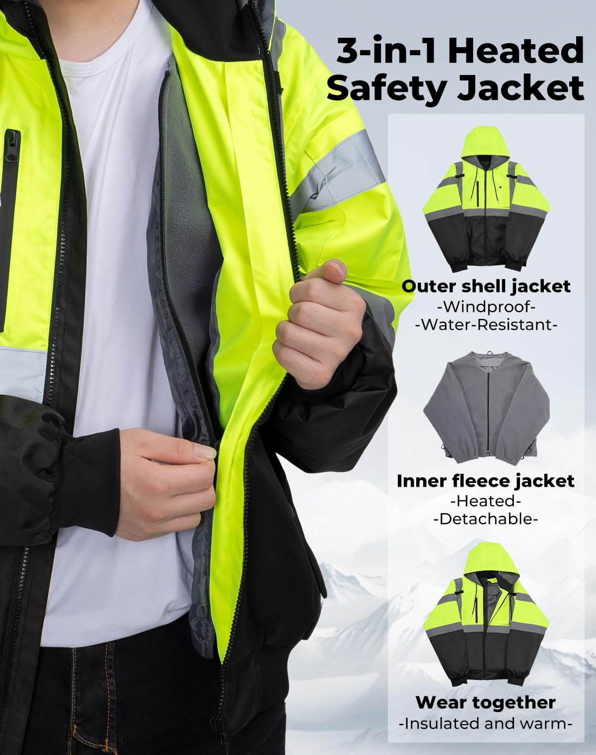 KEMIMOTO 149°F Heated Safety Jacket Men with 20000mAh Battery, High Visibility Jacket with 4 Heat Zones, Yellow Bomber Jacket, 3-in-1 Heated Jacket Men, 8000mm Waterproof for Winter Work (X-Large)