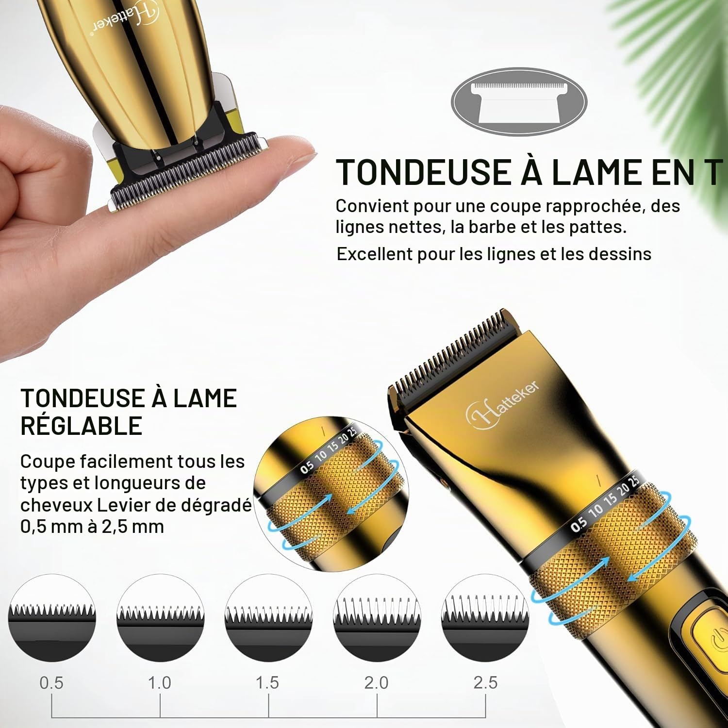 Hatteker Tondeuse à cheveux professionnelle pour hommes et t - blade tondeuse kit de coiffure sans fil kit de beauté ipx7 imperméable à l'eau (or)