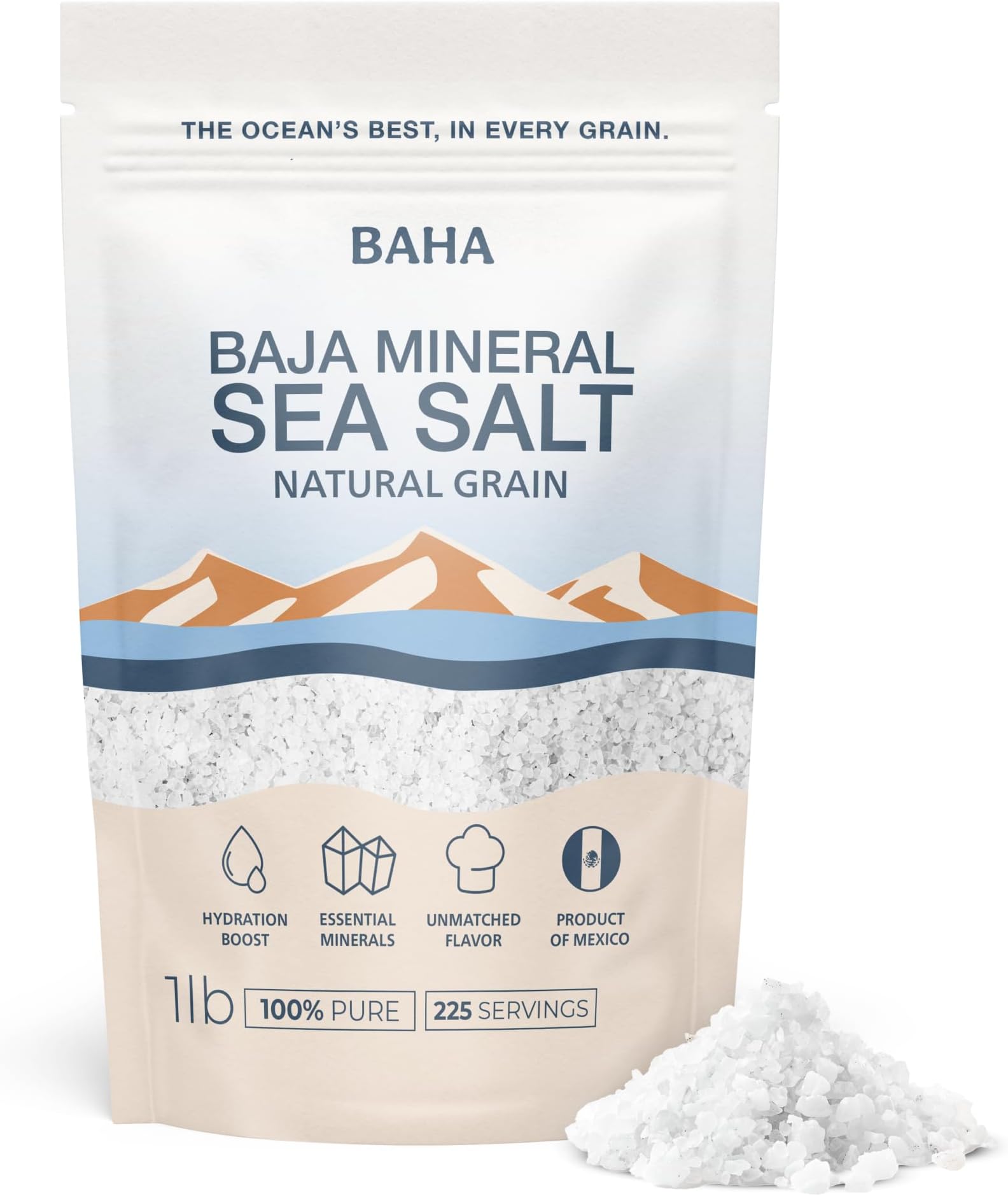 BAHA - Baja Mineral Sea Salt | Original Natural Grain Baha Mineral Gold Salt from Sea of Cortez | Low Sodium & Mineral | For Cooking, Plating and Hydration | for Grinding | 1 Lb. Bag
