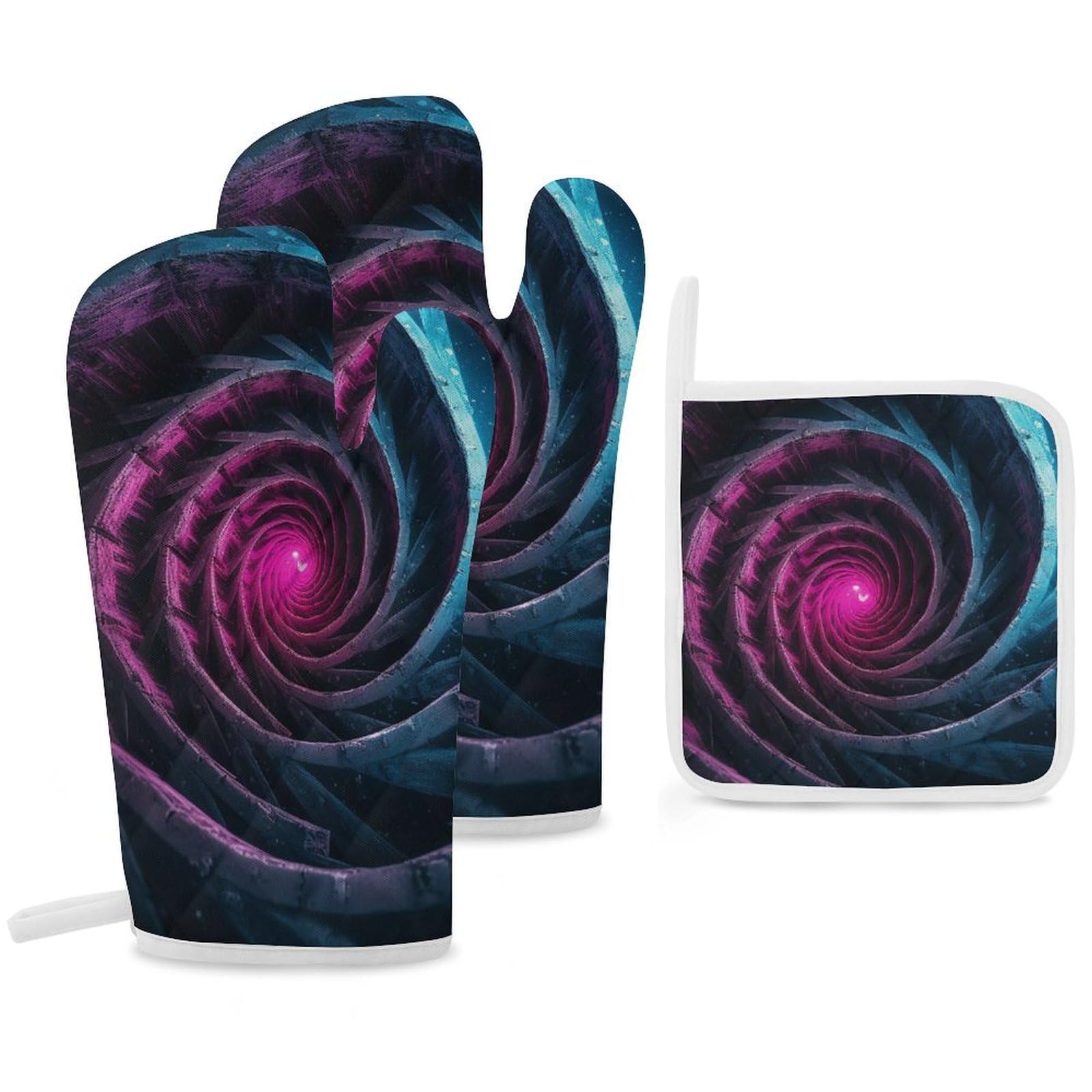 Oven Mitts And Pot Holders Sets of 3 Heat Resistant BBQ Gloves Dark Pink Spiral Oven Mitts Gloves Non-Slip Kitchen Mittens Potholders for Cooking Baking Grilling BBQ Microwave