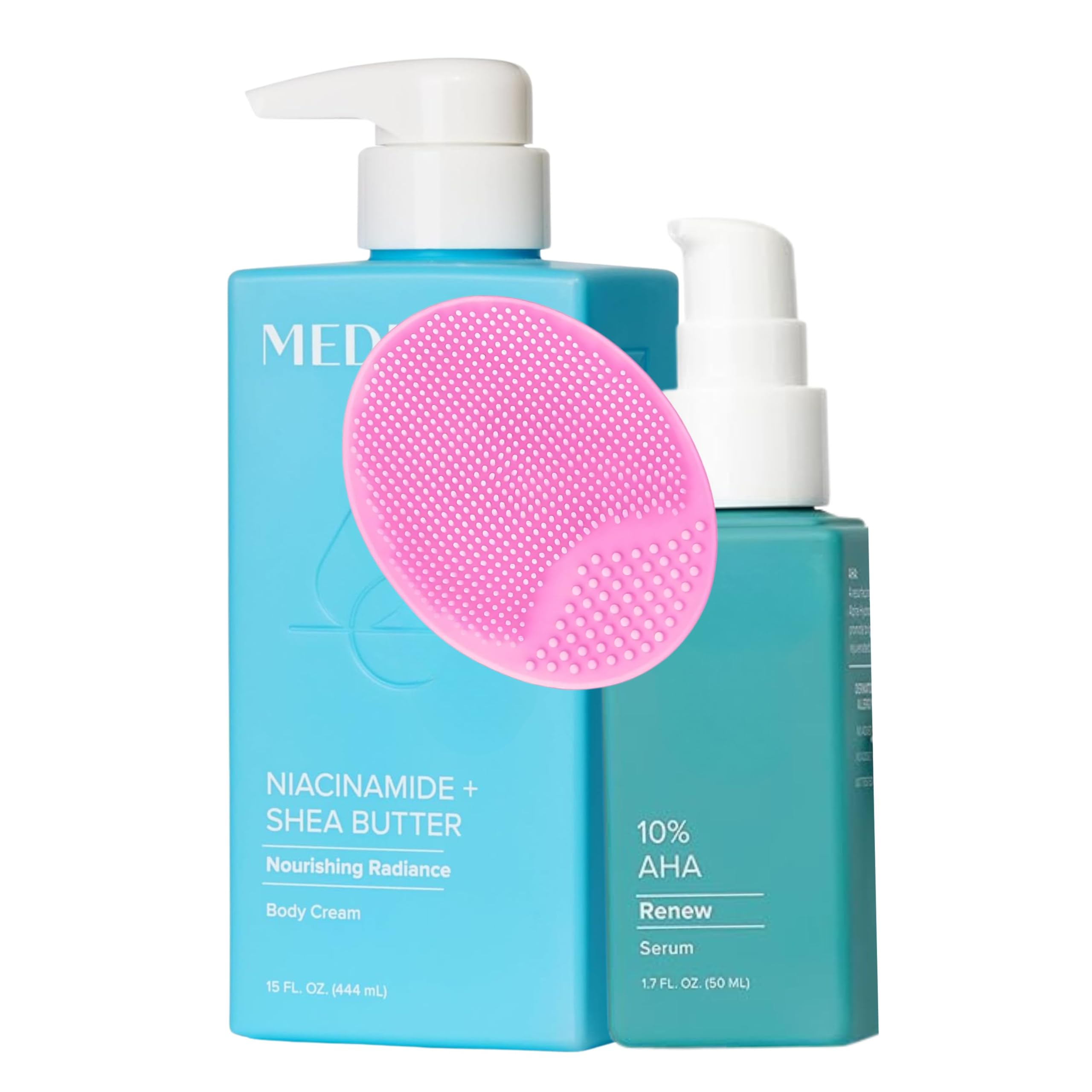 MED Niacinamide Fragrance Free Face Moisturizer, Shea Butter Body Cream 15oz + 10% Glycolic Acid Exfoliating Serum 50ml Anti-Aging Skincare for Wrinkles,Dark Spots , Facial Brush & Prosperina Card