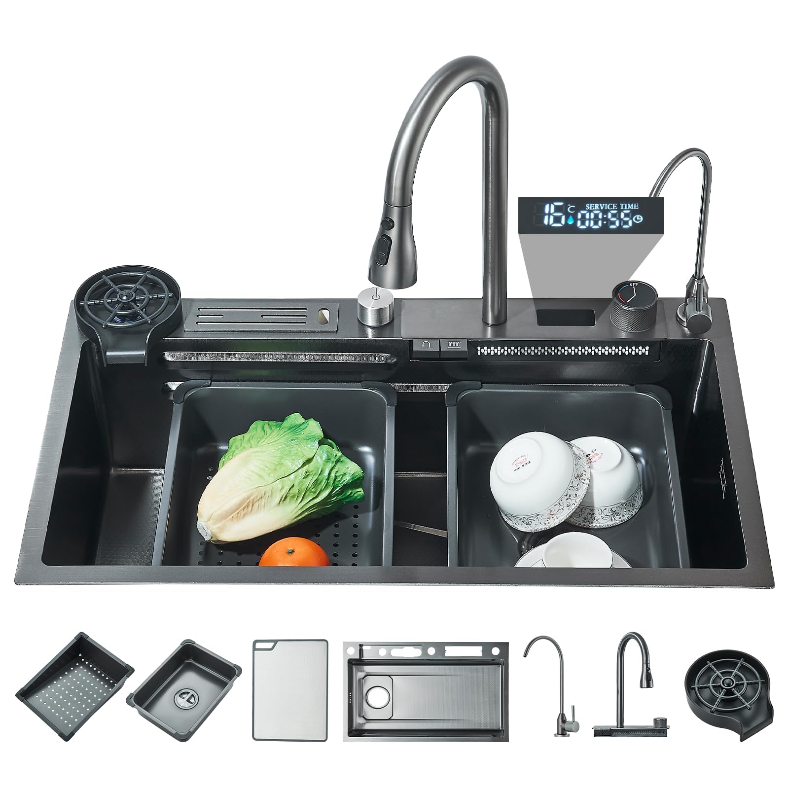 Lavello da cucina a cascata, nero, 75 x 45 cm, 1 vasca, in acciaio inox, rettangolare, troppopieno e scarico, multifunzionale, moderno lavello a cascata con rubinetto per acqua potabile