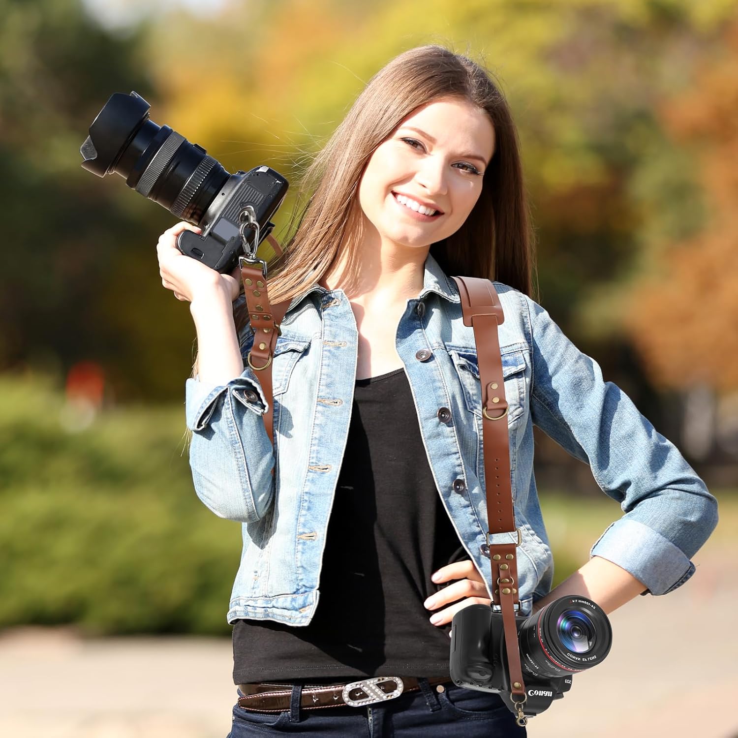 Dual Camera Harness Strap for Two-Cameras,Dual Shoulder Leather Camera Strap,Double Camera Harness for DSLR/SLR