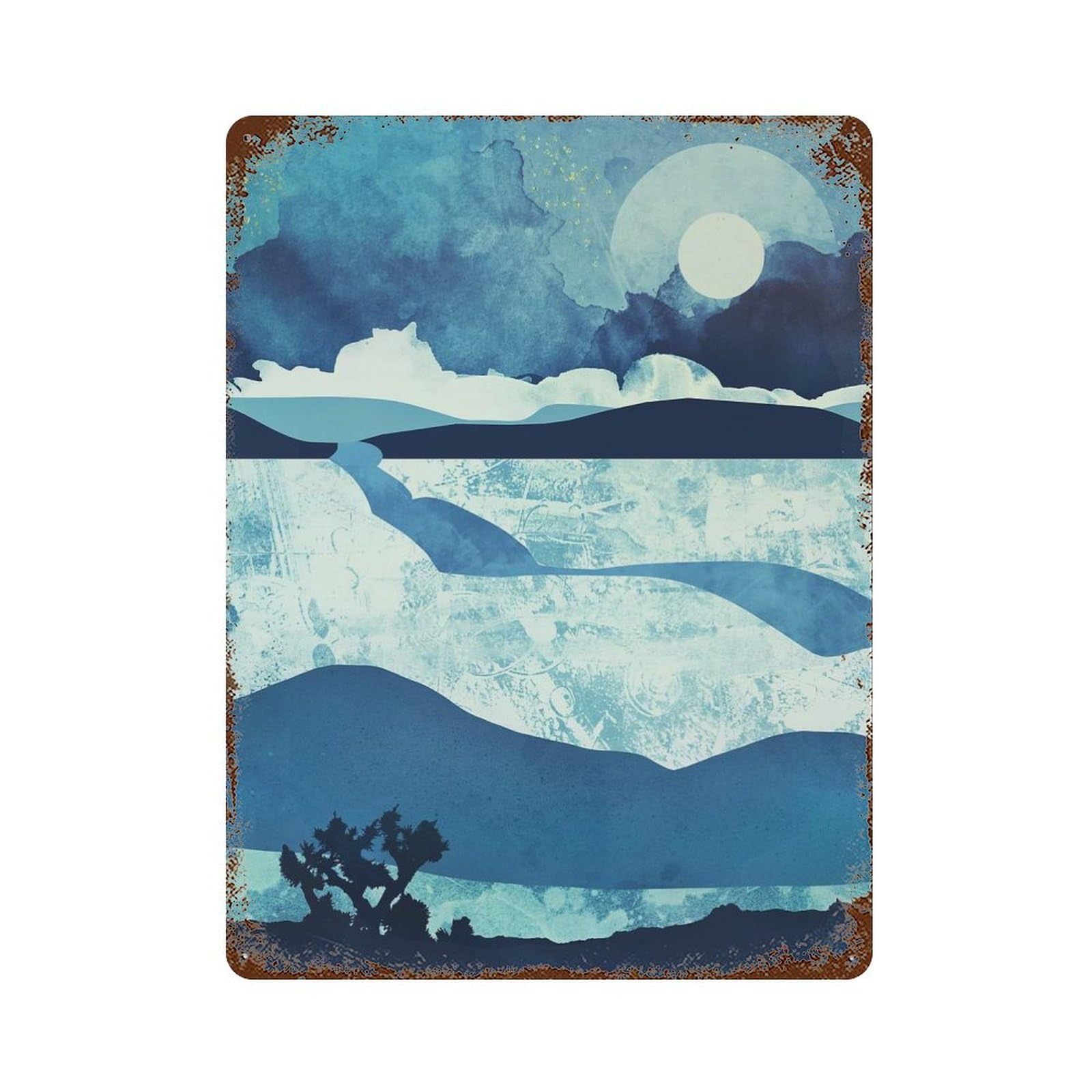 Decorative Tin Sign with Blue Desert Design 15.7"x11.8", for Basement, Hobby Room And Garage Decor, Farmhouse Wall Decor