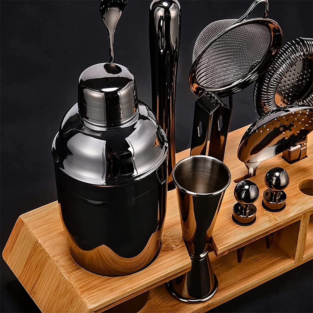 hansum Juego de coctelera de 18 piezas de acero inoxidable para hacer cócteles con soporte de madera (color: negro)
