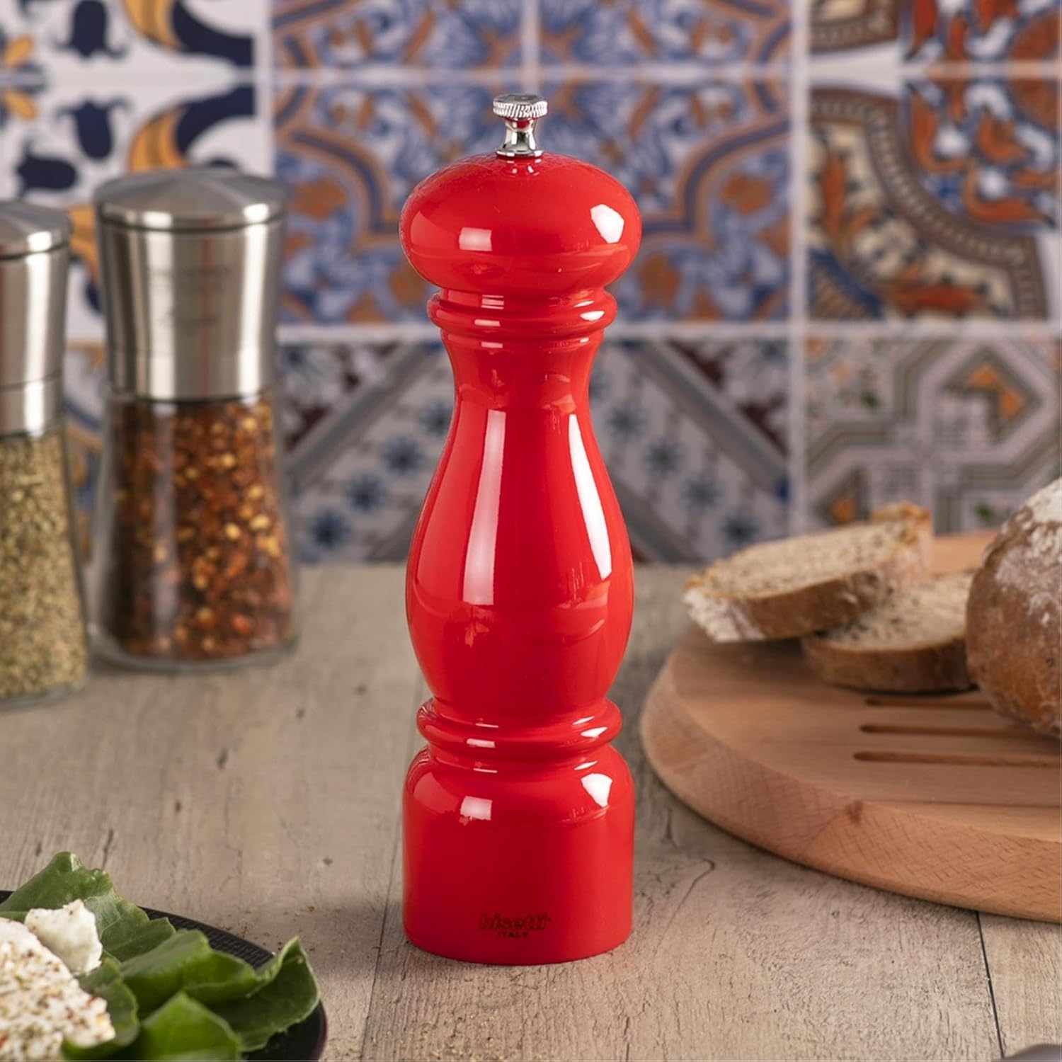 Bisetti Firenze With High Carbon Pepper Mill Grinder, 8.66 Inch, Red, Made in Italy