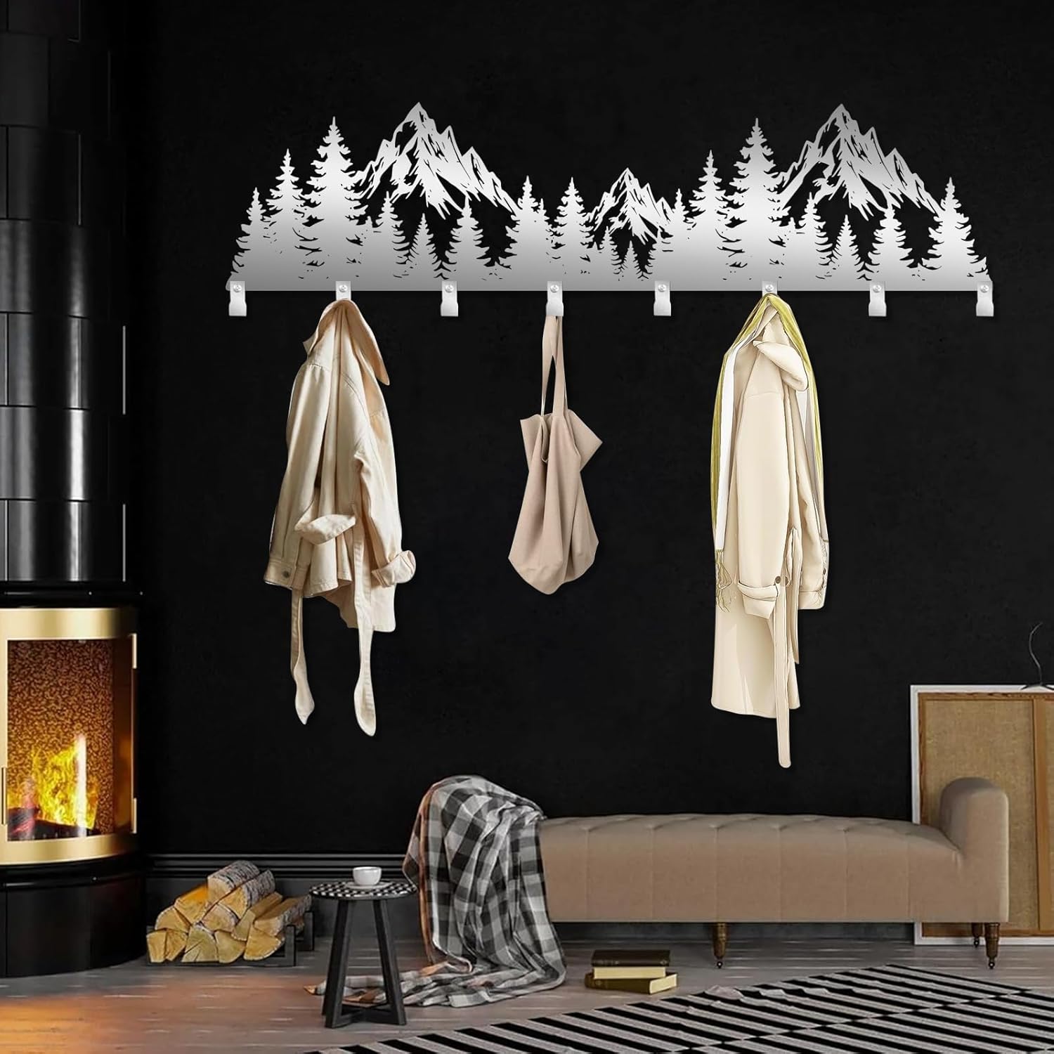 Mountain Forest Coat Rack, Metal Pine Trees Hangers and Key Holder, Mountain Clothes Rack, Mountain Forest Wall Mount, Metal Forest Wall Hanger for Room (Black, 9"x35"|22x90cm)