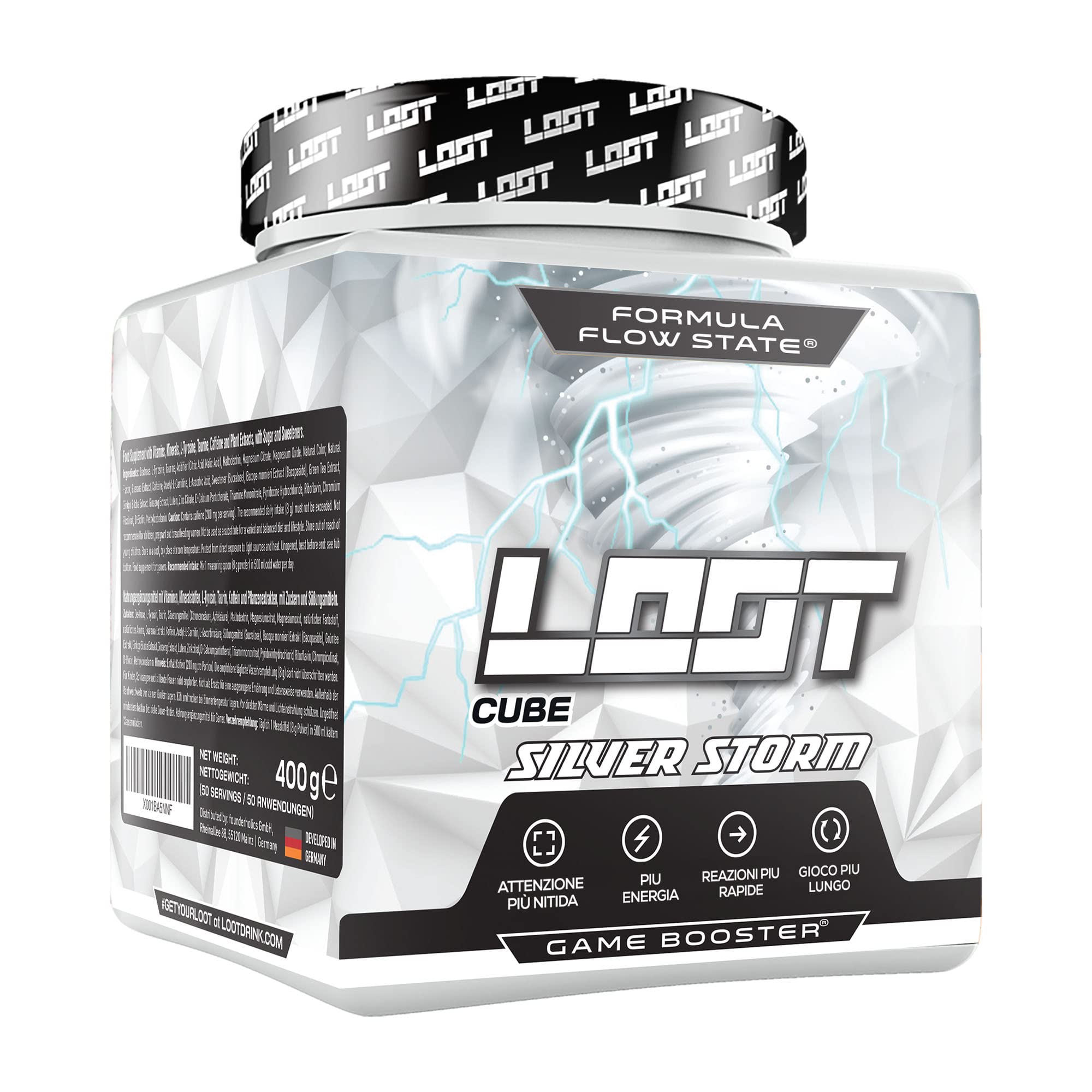 Premium Energy Drink Powder with Flow-State® Formula - 50 Servings (400g) with Caffeine - 20 Ingredients - Unique Design - Concentration and Energy Formula - Silver Storm