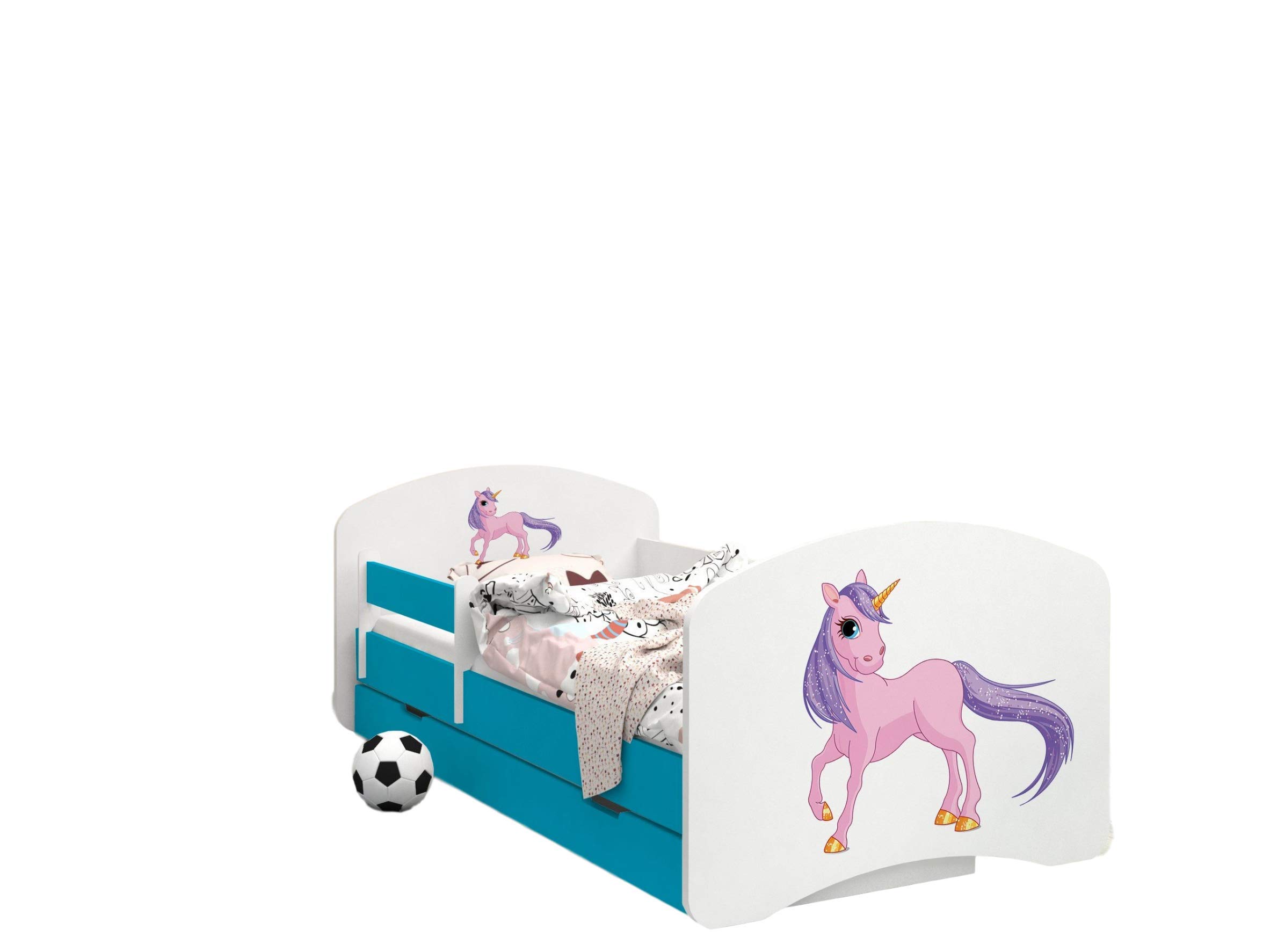Happy Babies – dwustronne łóżko dziecięce z szufladą, nowoczesne wzornictwo z bezpiecznymi krawędziami i zabezpieczeniem przed upadkiem, materac piankowy 7 cm, niebieski (jednorożec, 190 x 90)