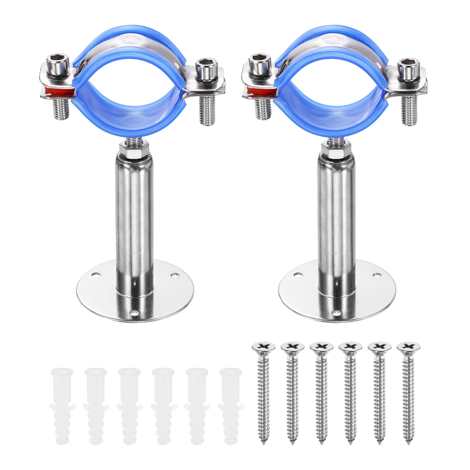 sourcing map 2 Set Wall Mount Ceiling Mount Pipe Supports 304 Stainless Steel Adjustable Pipe Bracket Clamp with Screws for OD Pipe 1.8"-1.9" (45-48mm) Adjustable Height 100-150mmmm