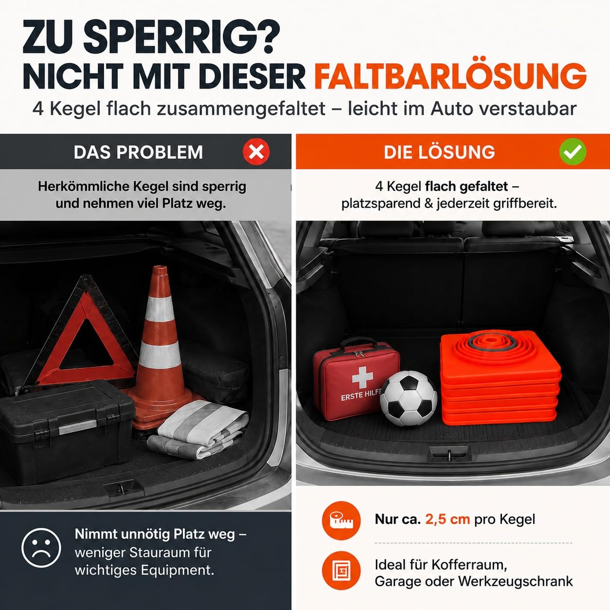 Valchoose Verkehrskegel faltbar 4er Set 45cm Leitkegel reflektierend Warnkegel Verkehrshütchen Pylonen - zusammenklappbar platzsparend Oxford Stoff stabile Basis für Parkplatz Baustelle Fahrschule Aut