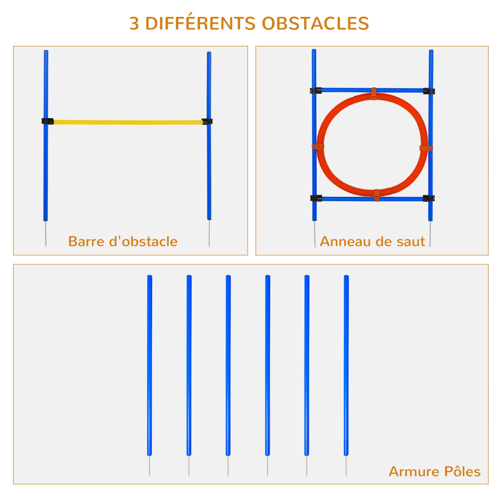 PawHut Agility Sport pour Chiens équipement Complet : poteaux Slalom, Obstacle, Anneau + Sac de Transport Bleu Jaune Rouge