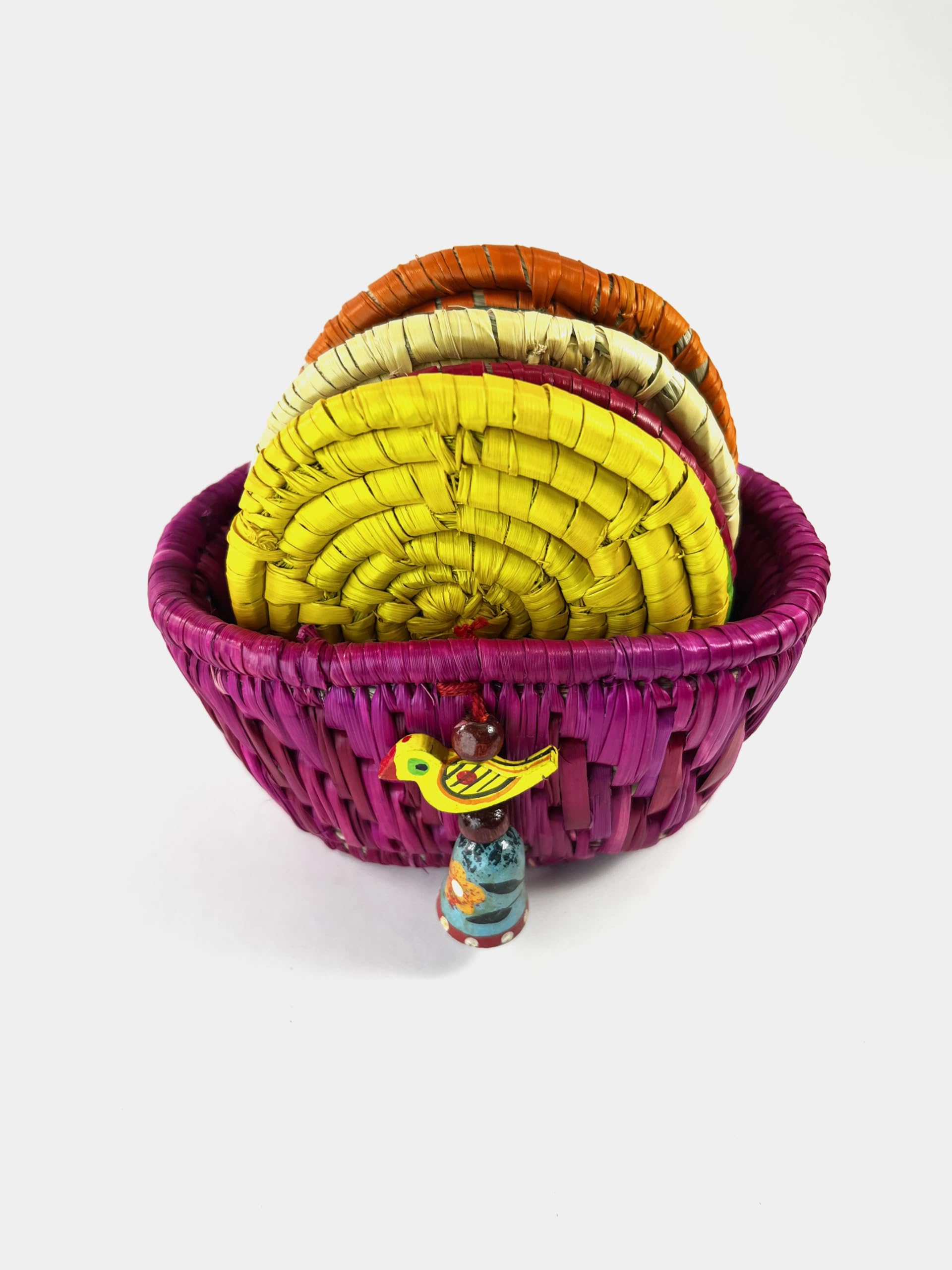 Handwoven Moonj Grass Coaster Set with Holder, Fuchsia Pink Holder Basket, Multicolour Coasters, Boho Design-image-43