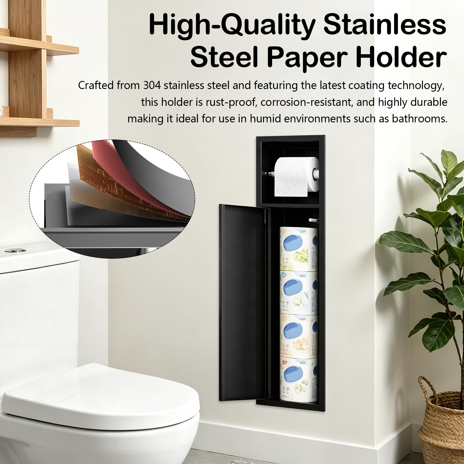 Portarrollos De Papel HigiéNico Empotrado, Unidad Almacenamiento De Papel HigiéNico De Acero Inoxidable Negro con Puerta Corredera Portarrollos con Juego De Escobilla Accesorios De BañO 66x18x15 Cm