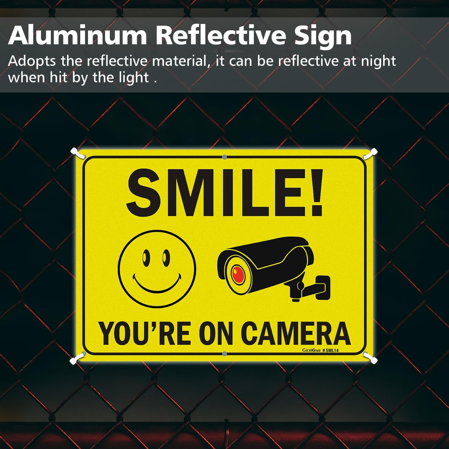 GicnKeuz Large Smile You're On Camera Signs, 14x10 Inches Rust Free.040 Reflective Aluminum Video Surveillance Signs Outdoor, Fade Resistant/Waterproof, 6 Pre-drilled Holes (2 Pack) image 4