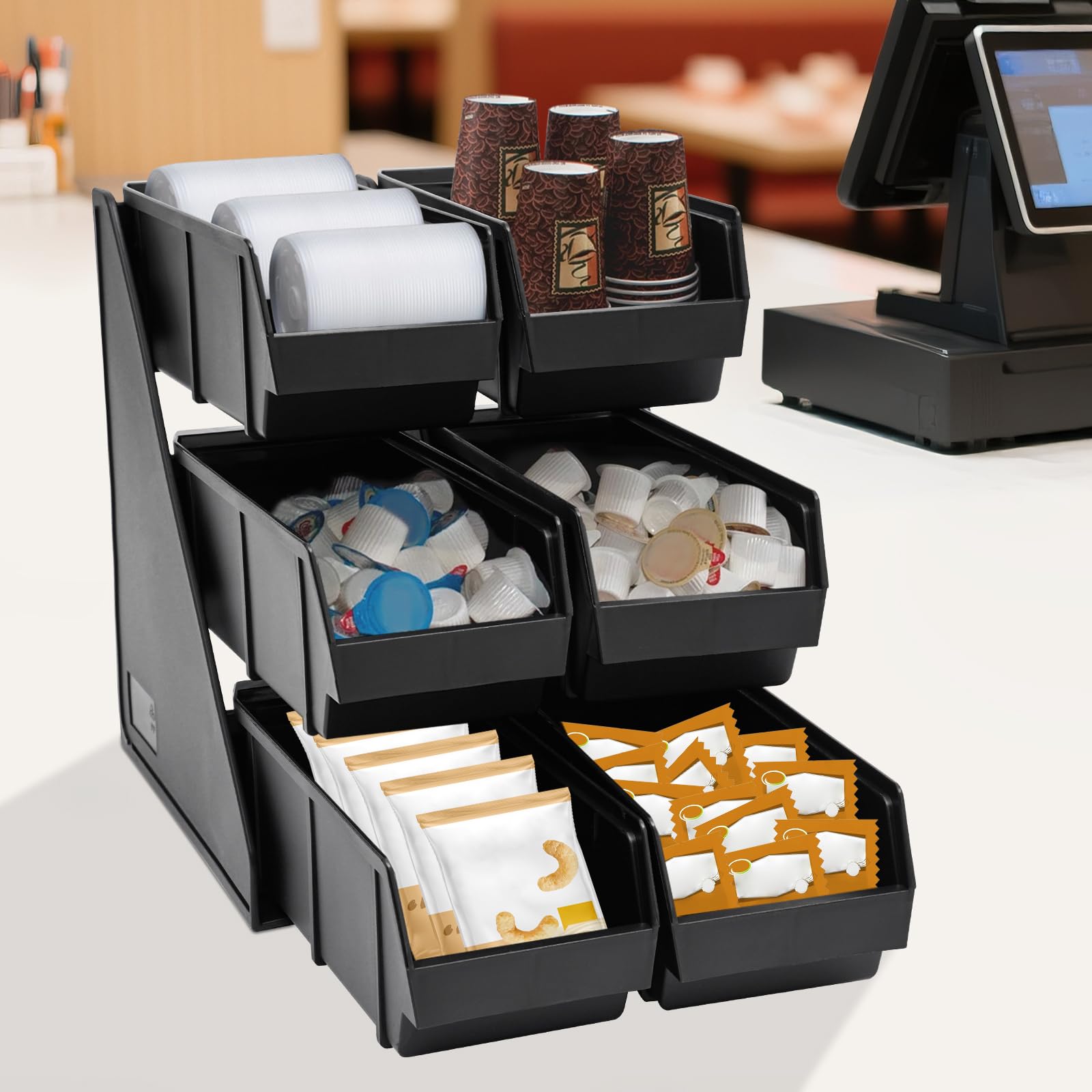 3-Tier Kaffee Organizer, tragbar Kaffeebar Aufbewahrungsbox mit 6 Fächern, Kaffeezubehör Spender für Zuhause/Büro/Bar/Restaurant von Zucker, Sirup, Milch, Servietten & Kapseln