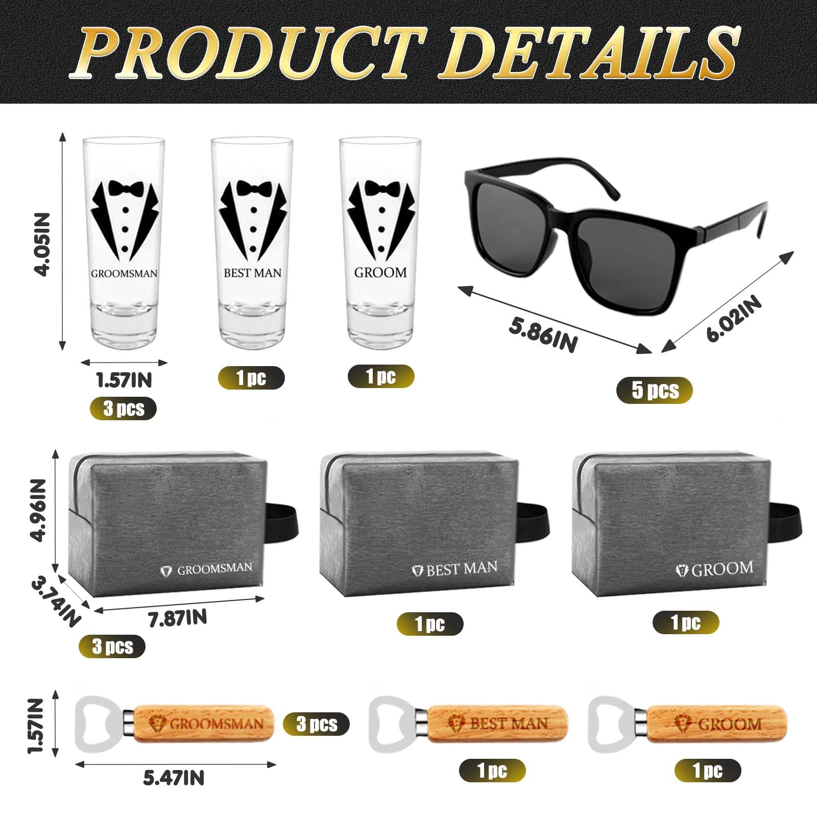 Groomsmens Gifts Set of 5,Groom Best Man Groomsmen Proposal Gifts,2oz Shot Glass,Black Sunglasses,Oxford Bags,Bottle Openers,Black Proposal Boxes,Socks,Wedding Bachelor Party for Groom