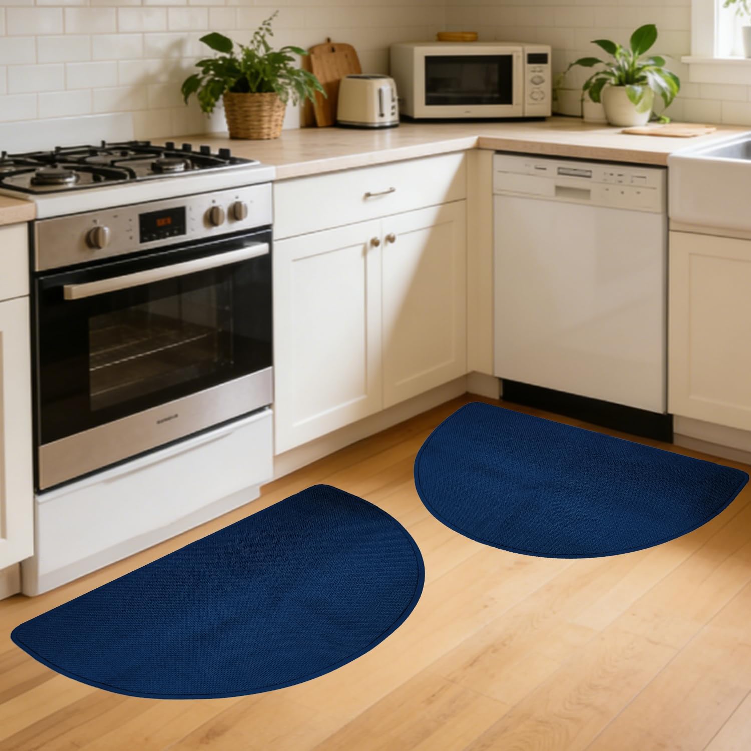 Half Circle Navy Kitchen Rugs,2 Pack 17”x30”, Non-Slip Water Oil Absorbent Kitchen Mats, Machine Washable Floor Protector,Braided Quick Dry Kitchen Standing Mat for Kitchen Dinning