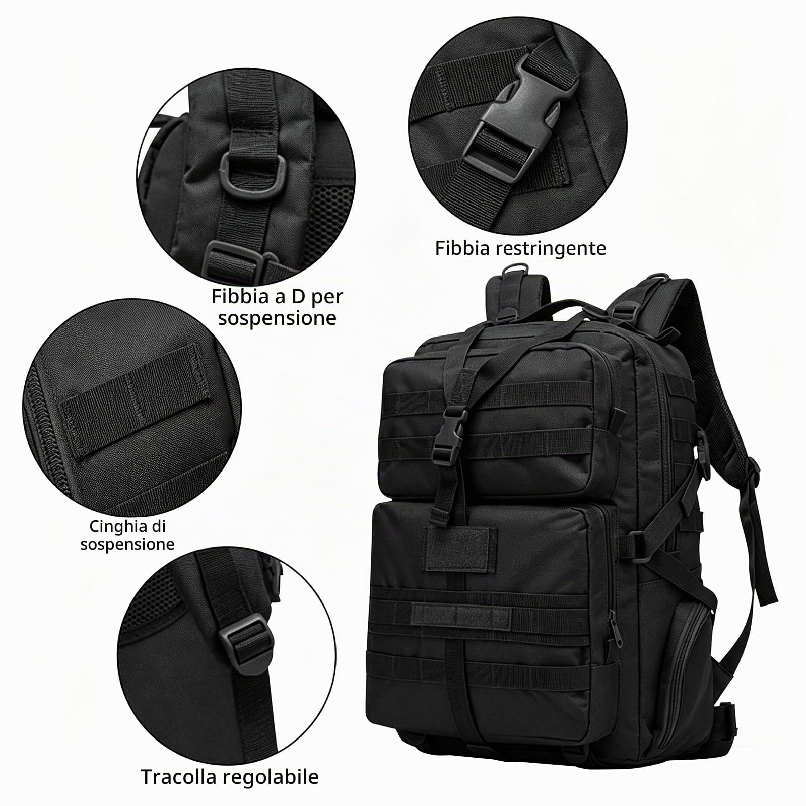 35L tattico militare zaino, Grande Esercito Assault Pack Molle Zaini Borsa per gli uomini, 3 giorni Pack Bug Out Bag Campeggio Trekking Zaino per la corsa esterna Arrampicata, Nero