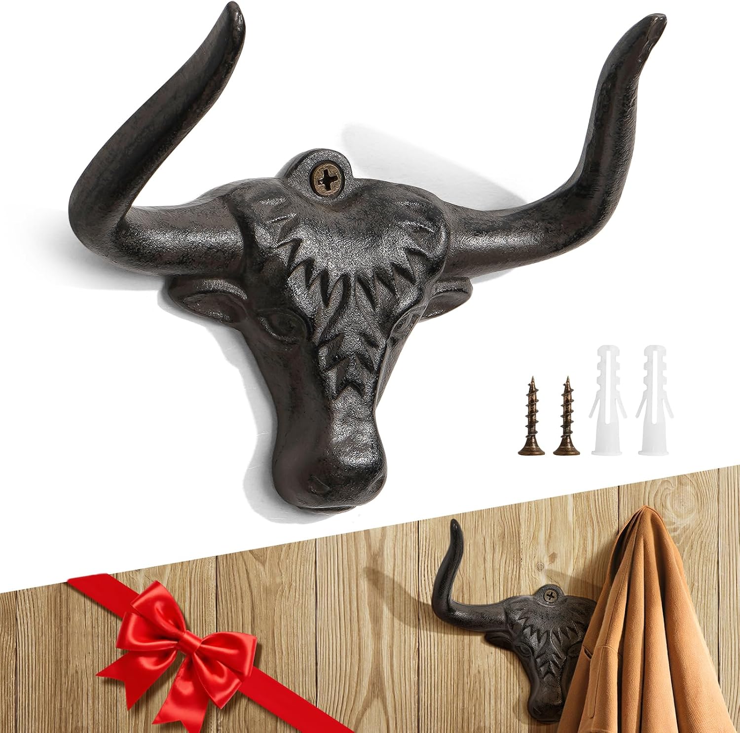 Cast Iron Bull Coat Hook, Western Wall Hook, Western decor, Rust, 2 Pack