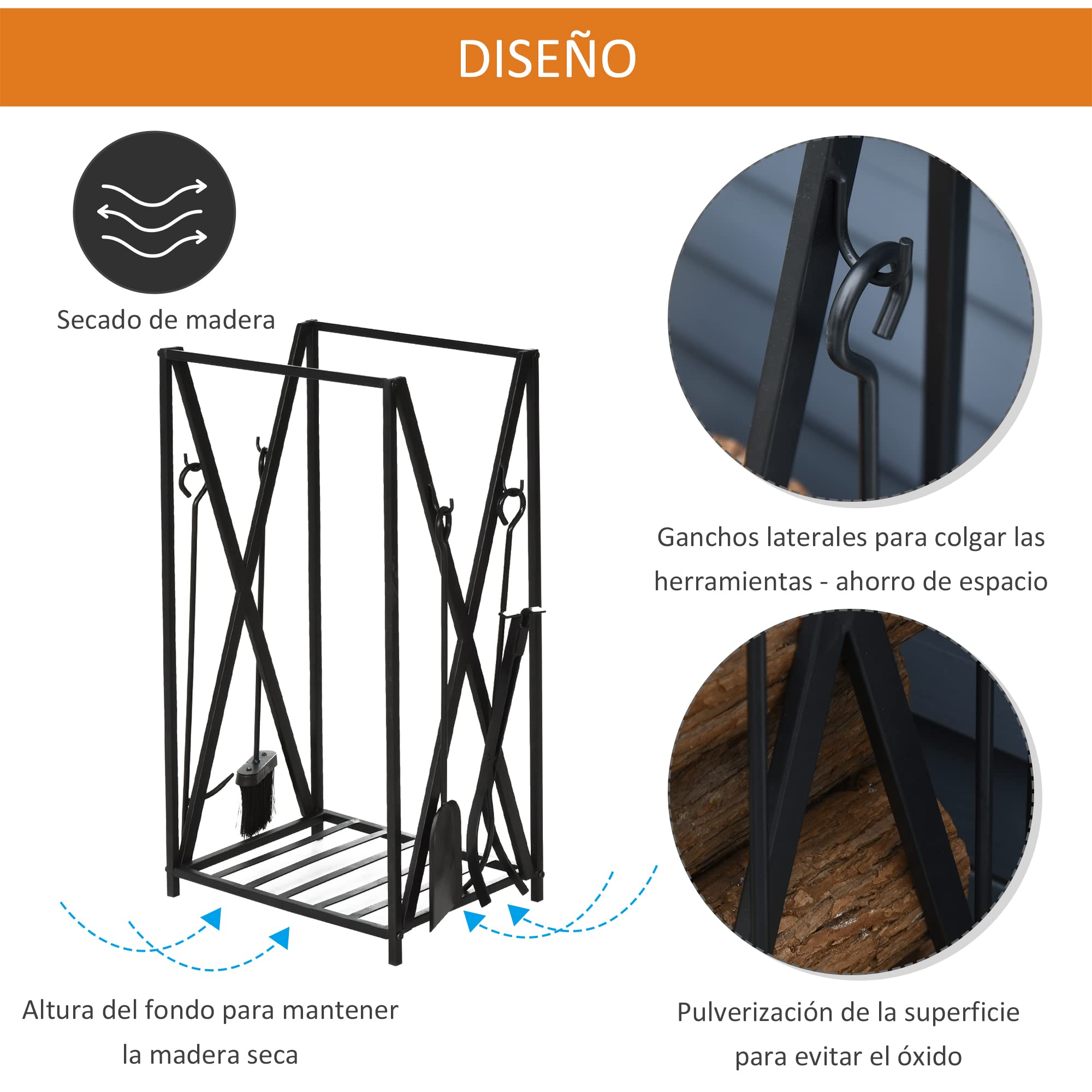 HOMCOM Estante de Leña para Chimenea Soporte para Leña con 4 Herramientas Incluidas Marco de Acero Estable Carga 100 kg para Exterior e Interior 46x30x76 cm Negro