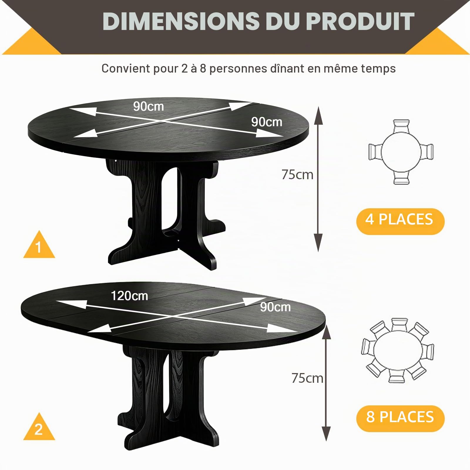 Table à manger extensible, 90-120 cm, ronde/ovale, table de cuisine en MDF pour 2 à 8 personnes, hauteur 75 cm, table à manger moderne pour salon, cuisine, socle en bois croisé, gain de place (noir)