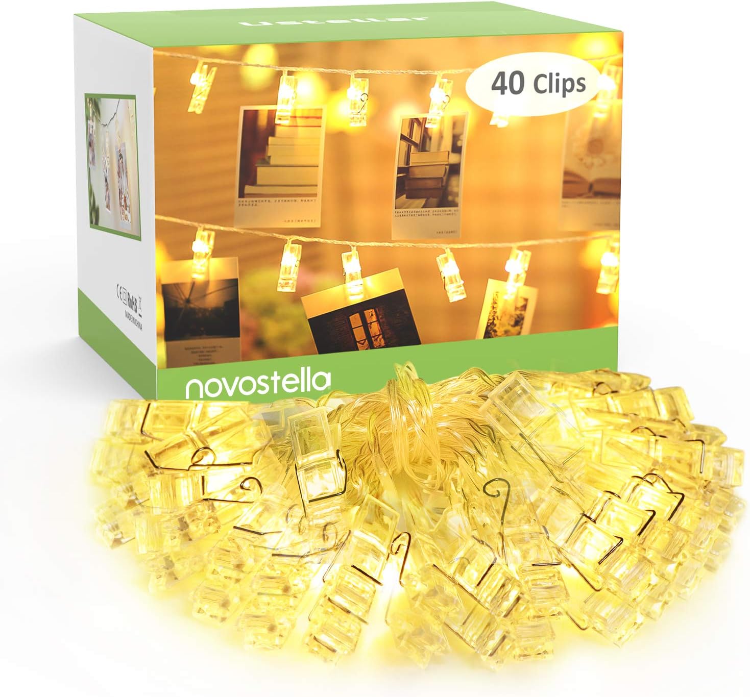 Novostella LED Photo Clip String Lights, 40 Clips Photo Peg Fairy Lights Battery Operated, Christmas Cards Hanger, Warm White, for Bedroom Wedding Party Artwork Decoration Hanging, 5.5M