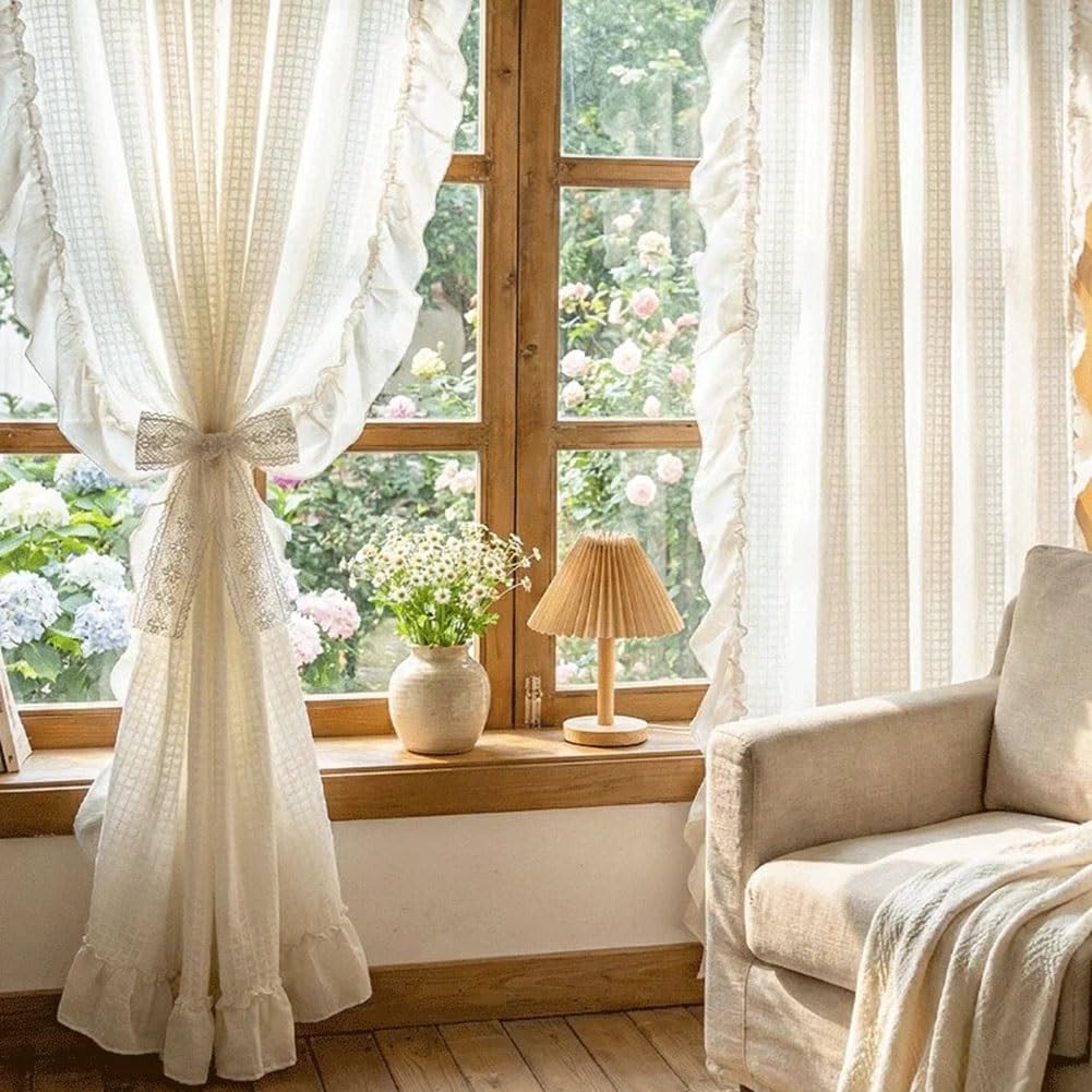 2 Pièces Rideaux Filtrant de Lumière Beiges Salon, Rideaux de Fenêtre Chambre Français Romantiques avec Poche de Tige Volants pour Décoration Maison(W150xH260cm/59x102inch)