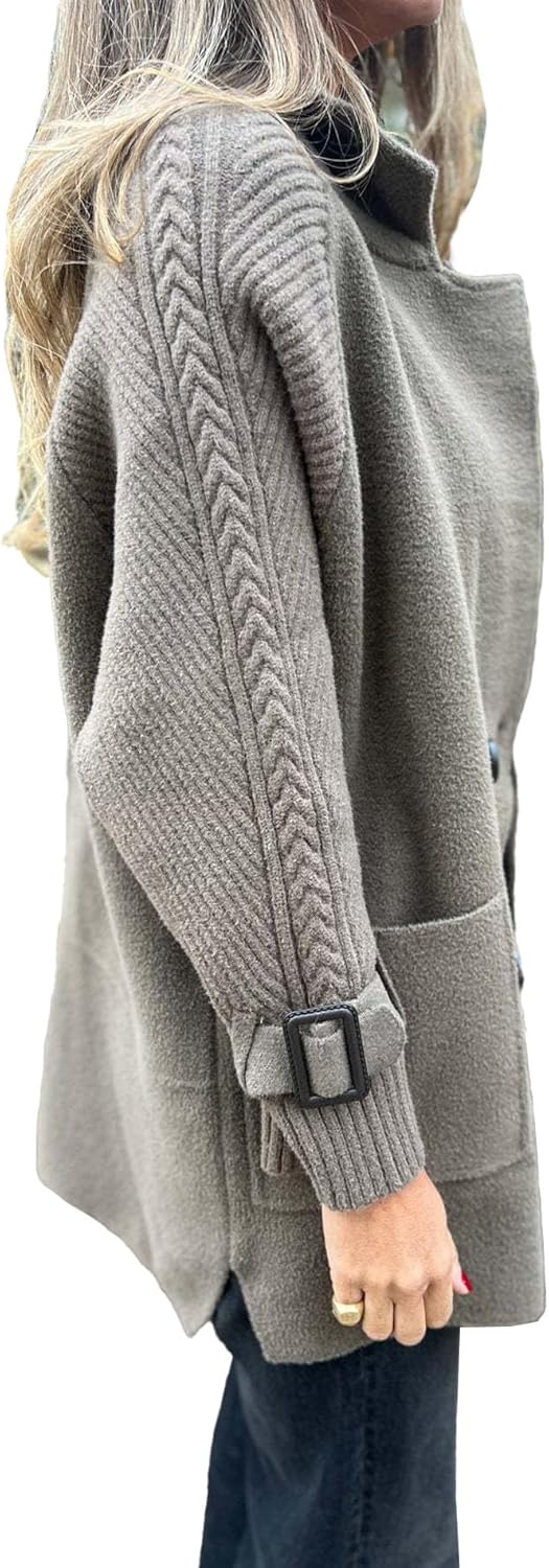 SOMTHRON Women's Winter Wool Trench Coat Knit Patchwork Sleeve Double Btrasted Notch Lapel Peacoat Cardigan