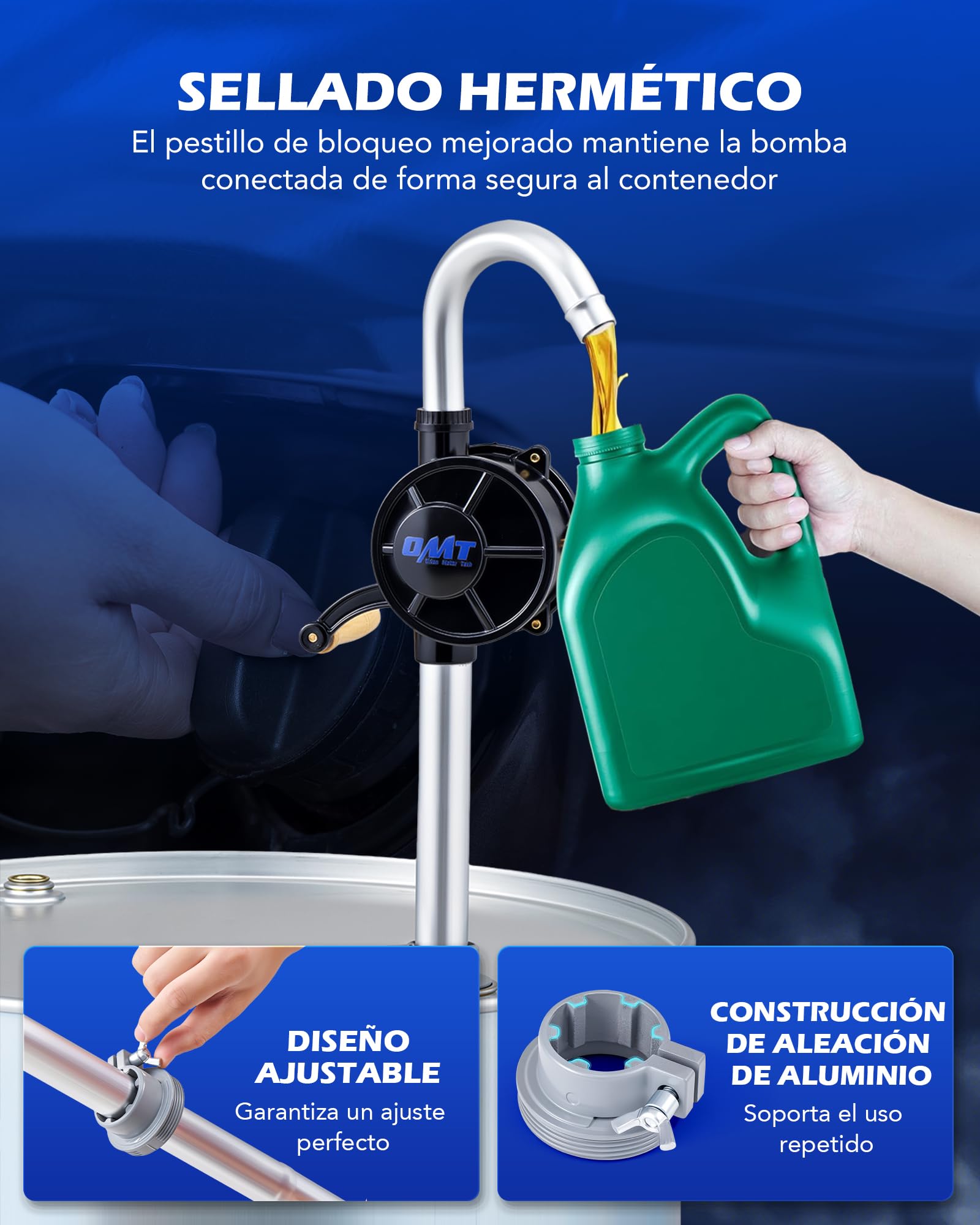 OMT Bomba Manual De Combustible Para Bidón 60L-200L, Aluminio Con Manguera | Tubo Telescópico Regulable, Trasvase De Diésel Y Queroseno, Uso En Taller Y Agricultura, Maletín De Transporte