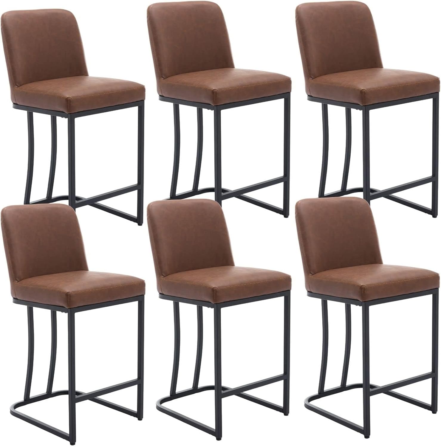 Modern Counter Height Bar Stools Set of 2, 24 Inch PU Leather Upholstered Kitchen Barstools with Back, Counter Stool Chairs with Black Metal Frame for Island Pub Bar Dining Room, Brown