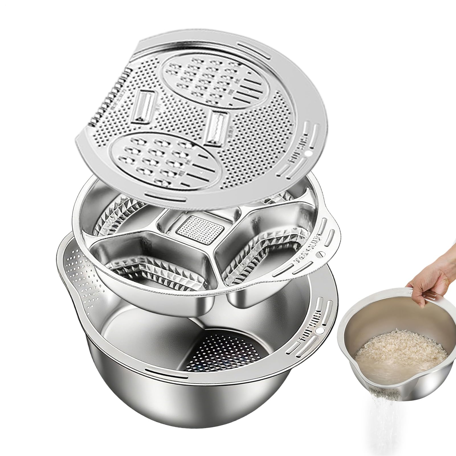 Cuenco Colador para Lavar Arroz Rallador y Set de Lavado | Colador de Acero Inoxidable para Arroz para Cocina Restaurante Verduras Frutas Jengibre Cebolleta