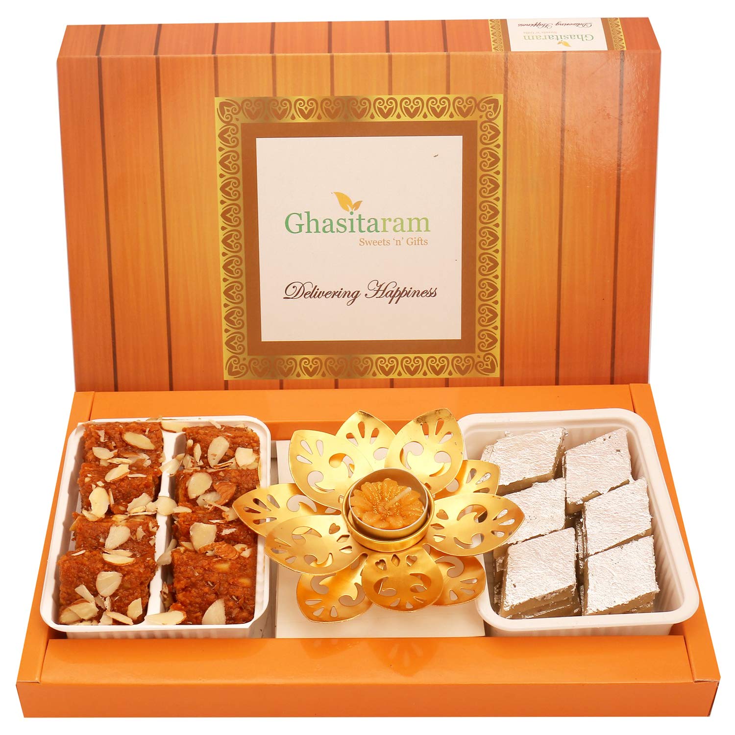 Ghasitaram Gifts Indian Sweets - Diwali Gifts Diwali Sweet - Kaju Katli, Dodha Barfi and T-Lite