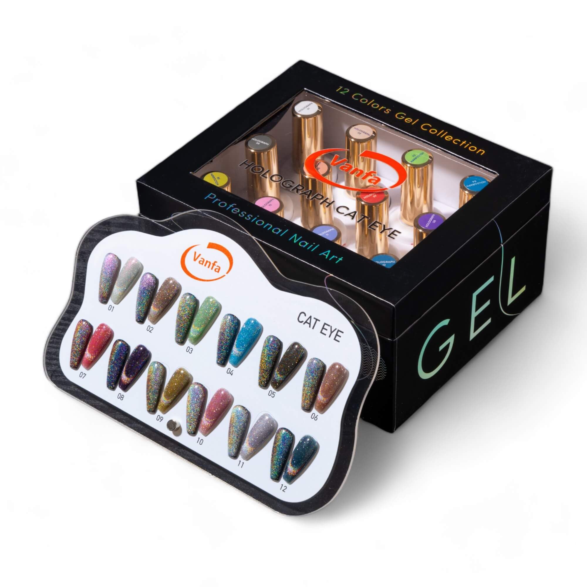 Vanfa Soak off Gel Nail Polish Cat Eye Set - Holograph Collection 12 Colors Color chart