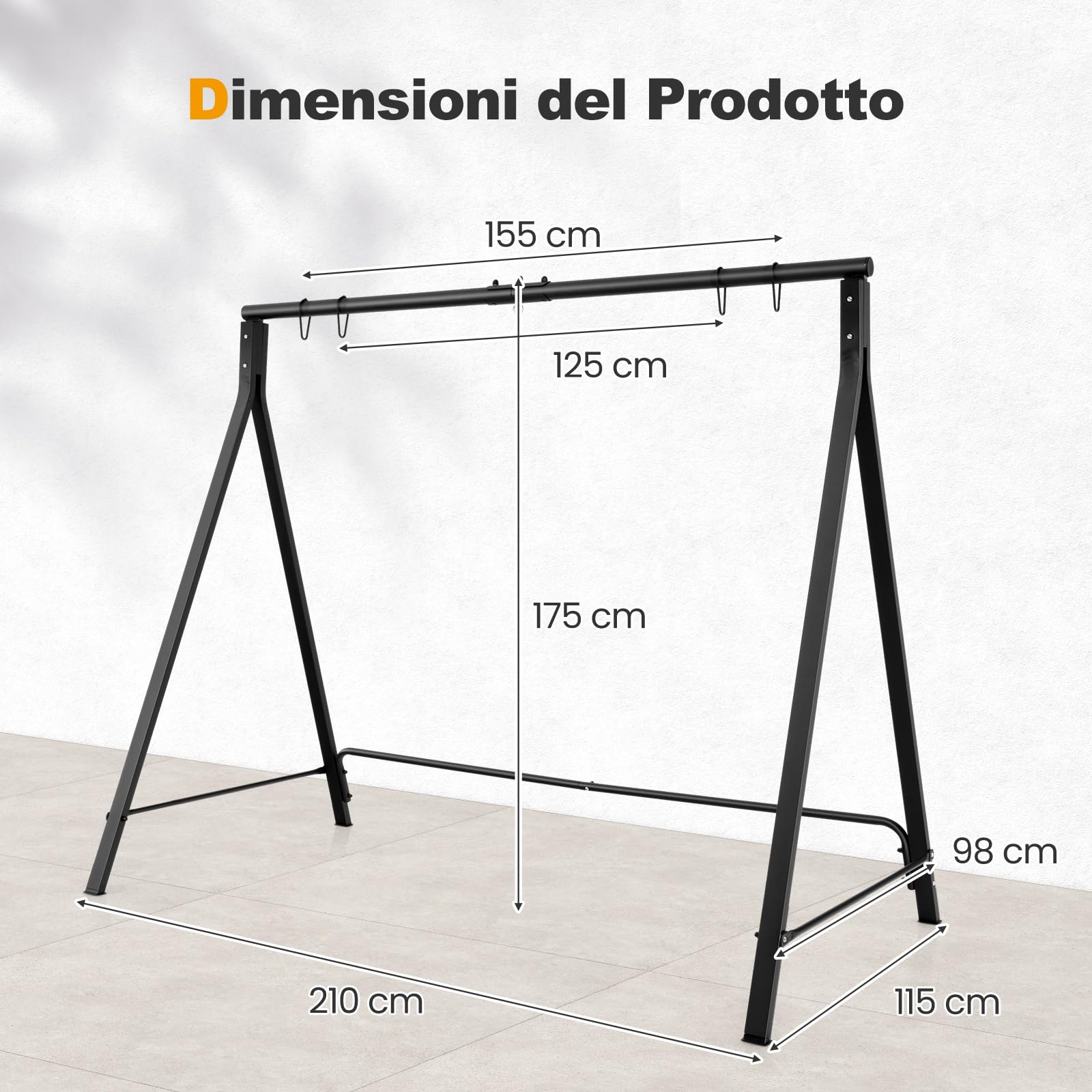 COSTWAY Supporto per Altalena in Metallo, Struttura a Forma di A | Telaio per Altalena da Giardino in Metallo, Portata 160 kg, 210 x 115 x 175 cm