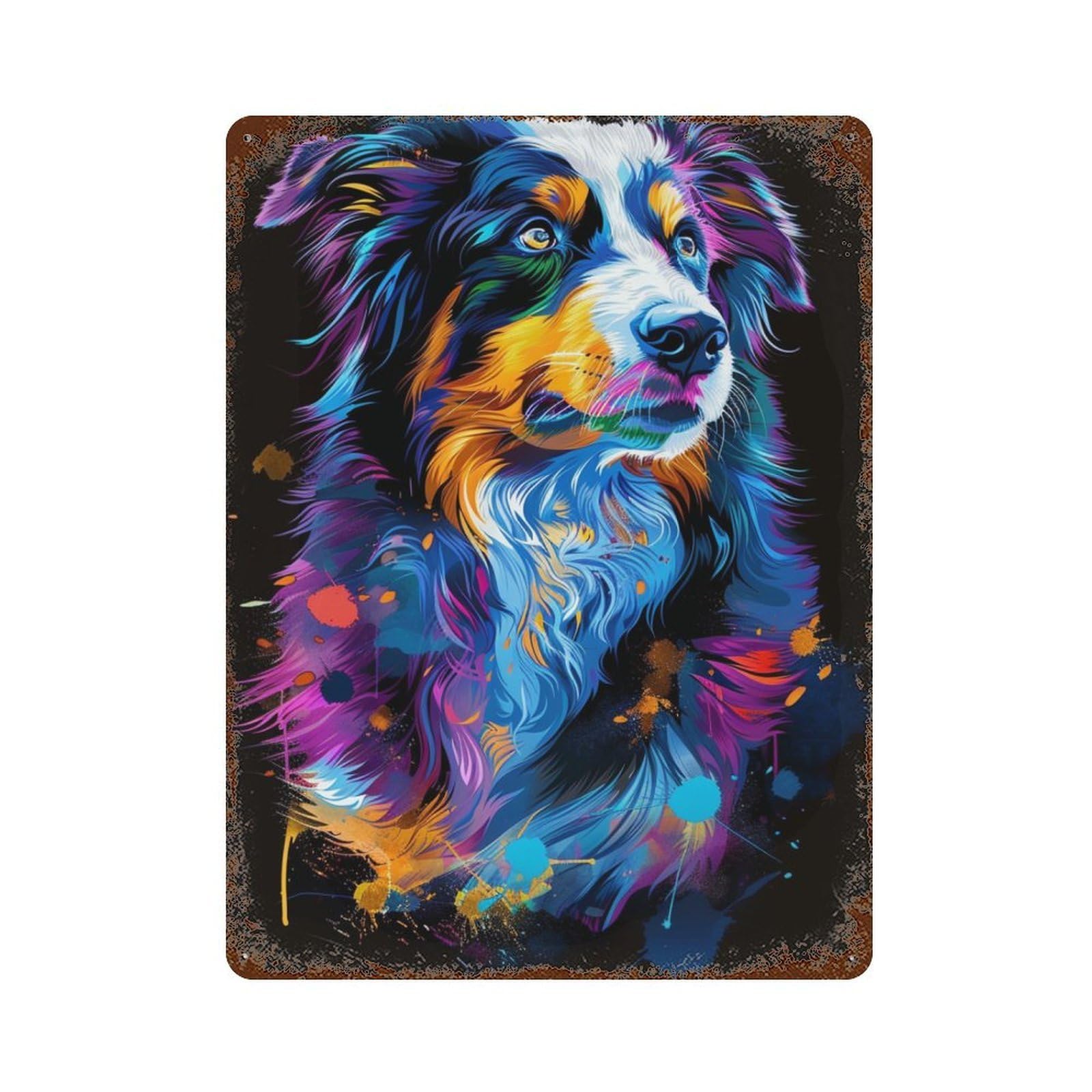 Colorful Australian Shepherd Art Print 15.7"x11.8" Distressed Metal Wall Sign, Shabby Chic Decor for Office, Studio And Wall Decor