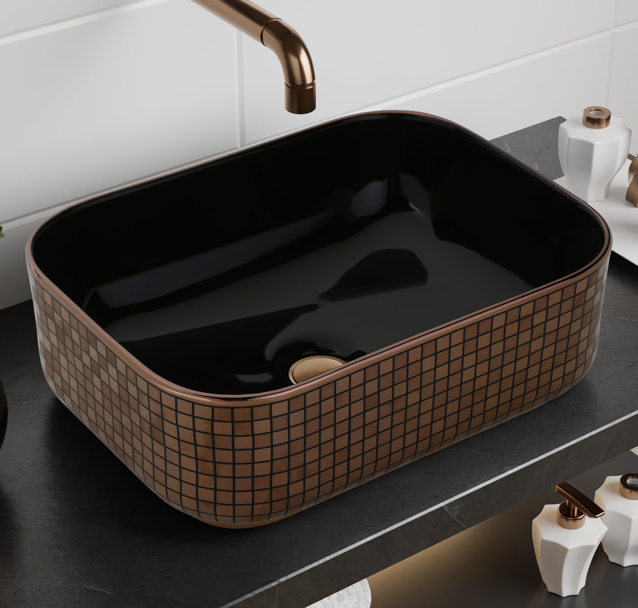 LAPO Basin for Bathroom, Ceramic Tabletop Wash basin, Table Top Wash Basin for Bathroom And Livingroom Décor, Countertop Vessel Sink (Black-Rose Gold finish, 40x30x14.5 Cm) -A550 (B0D8Y5S4KQ) Amazon Price History, Amazon Price Tracker