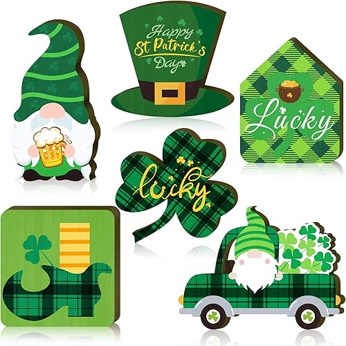 DECYOOL Decoraciones para el día de San Patricio, 6 piezas de letrero de madera del día de San Patricio, sombrero, gnomo, trébol, zapatos de