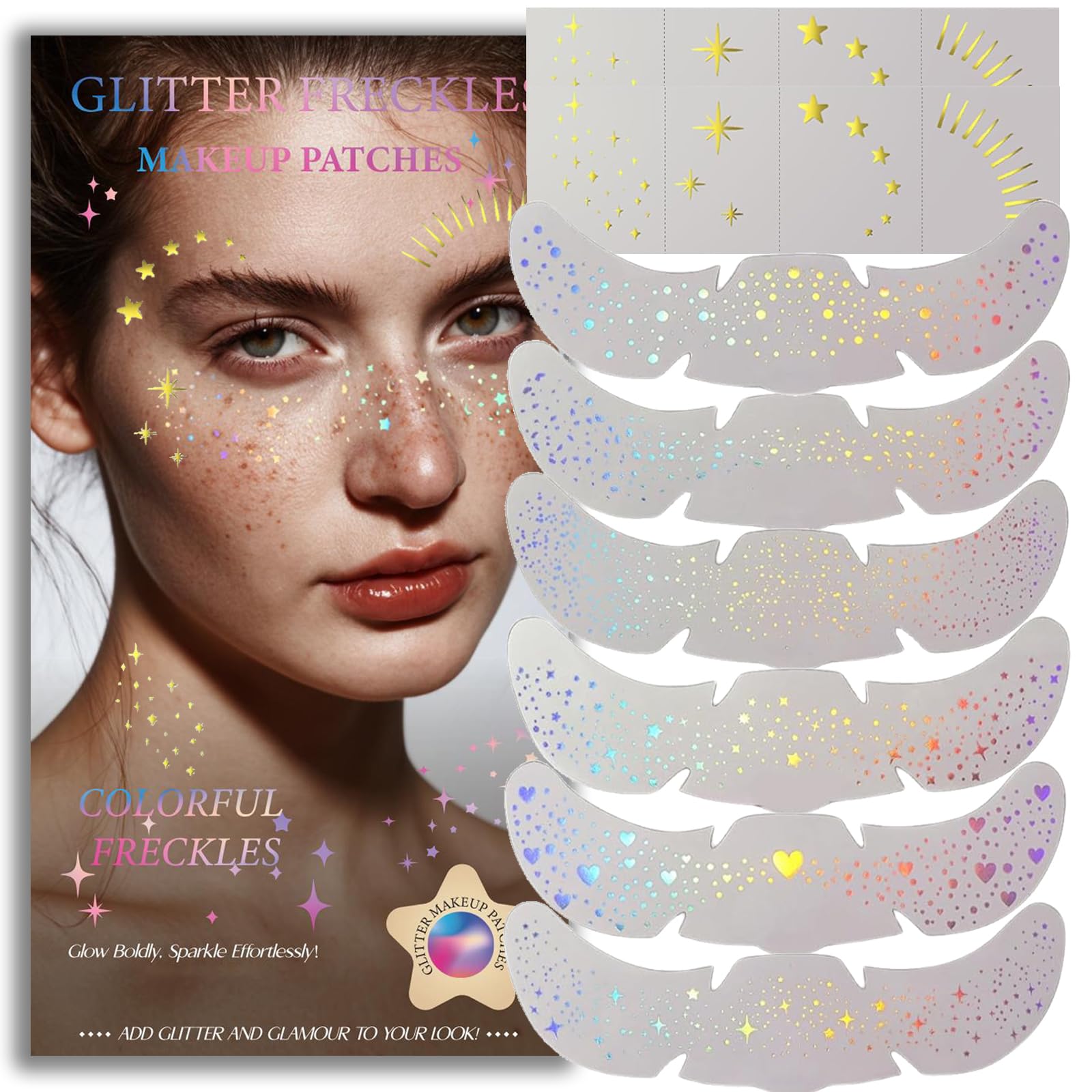 Glitter Freckles, Holographic Face and Body Glitter Tattoo Sparkle for Women Gold Glow Cosmetic Star Makeup Accessories for Festival Rave (Holographic