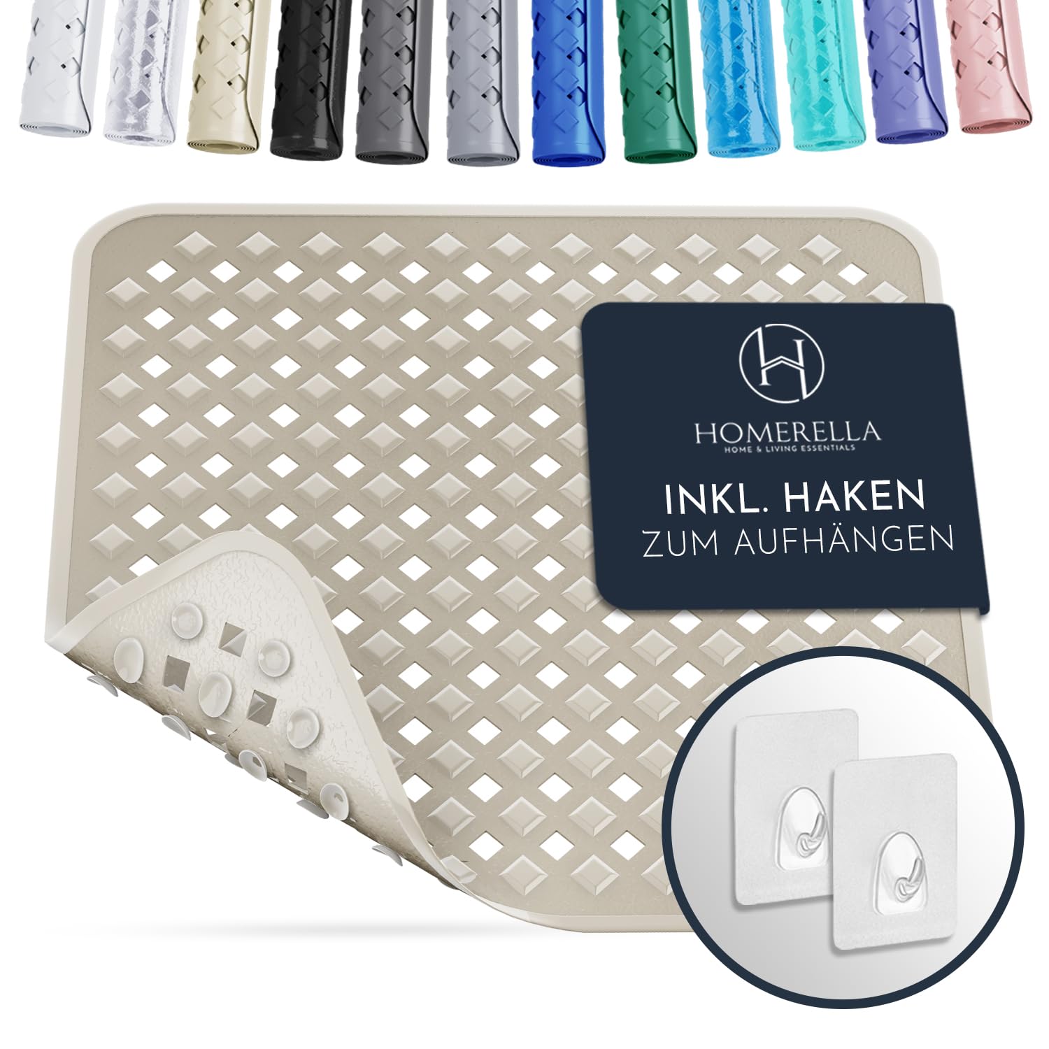 homerella® Shower Mat Non Slip Anti Mould 53 x 53 cm, INCL. Hooks for Drying Bath Mat Non Slip Anti Mould