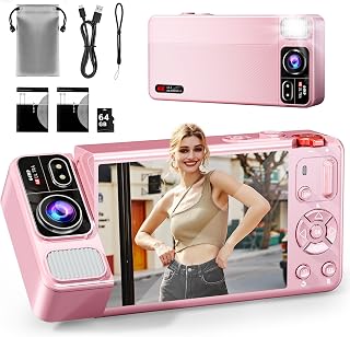 Digital Camera, 4K 64MP Cameras for Photography, 270°Flip Screen Vlogging Camera, Autofocus, Flash, 18X Zoom, 2 Batteries, 64GB Card, Point and Shoot Digital Cameras for Kids Teens, Pink