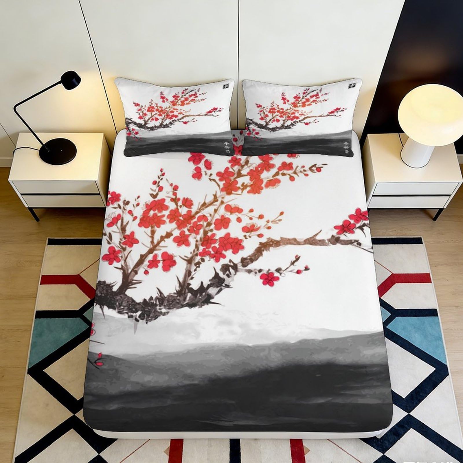 3D Printed Cherry Blossom Fitted Sheet Microfiber Soft Breathable Plum Blossom Bed Sheet for Bedroom Dormitory Guest Room Mattress Protection Decor 160x200x25cm