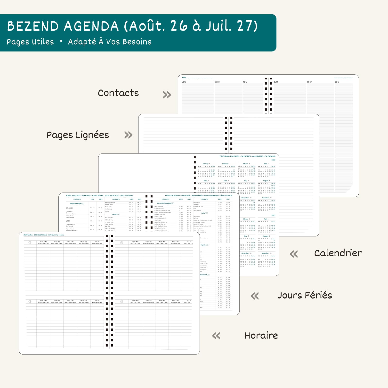 BEZEND Agenda Scolaire 2026-2027 A4 Journalier Spirale 28x22 cm 12 Mois Protège-coins Métal Dorés Couverture Rigide Cuir PU Rose
