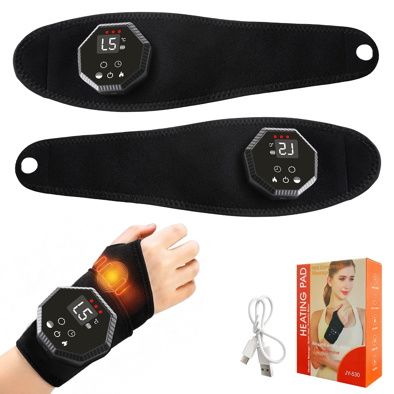 Handgelenk Massagegerät mit Rotlichttherapie, 3 Heizstufen & 5 Vibration | Elektrisches Handmassagegerät, Linderung bei Karpaltunnelsyndrom, Arthritis und Sehnenentzündung, Schwarz, 2 Stück