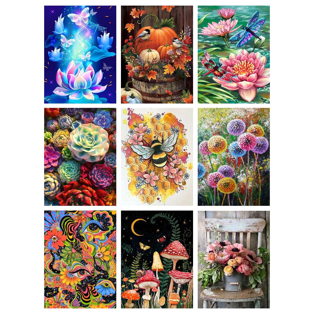 BEAYIOU 9 Pack 5D Diamond Painting Kits for Adults,Dandelion Mushroom Bee Diamond Painting Kits
