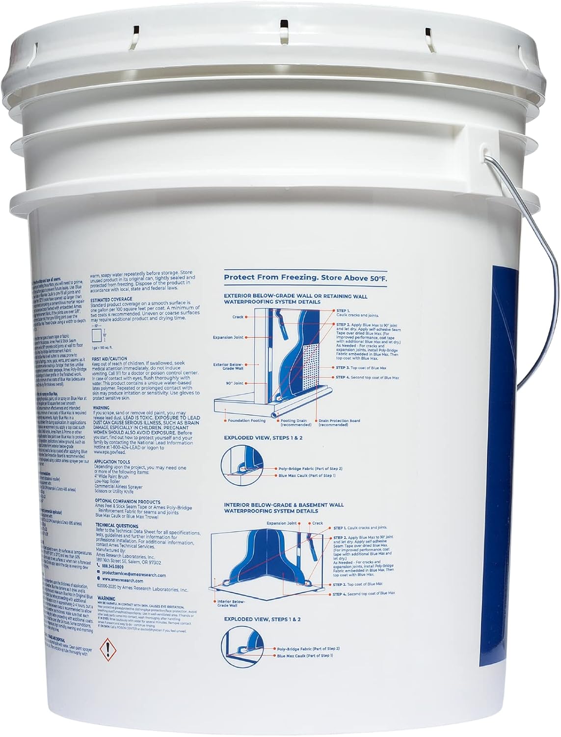 Ames Research Laboratories BMX5RG Blue MAX Waterproofer, Regular Use in Interior & Below-Grade Exterior Concrete Sealer and More. Liquid Rubber, 5 Gallon (Pack of 1), 640 Fl Oz