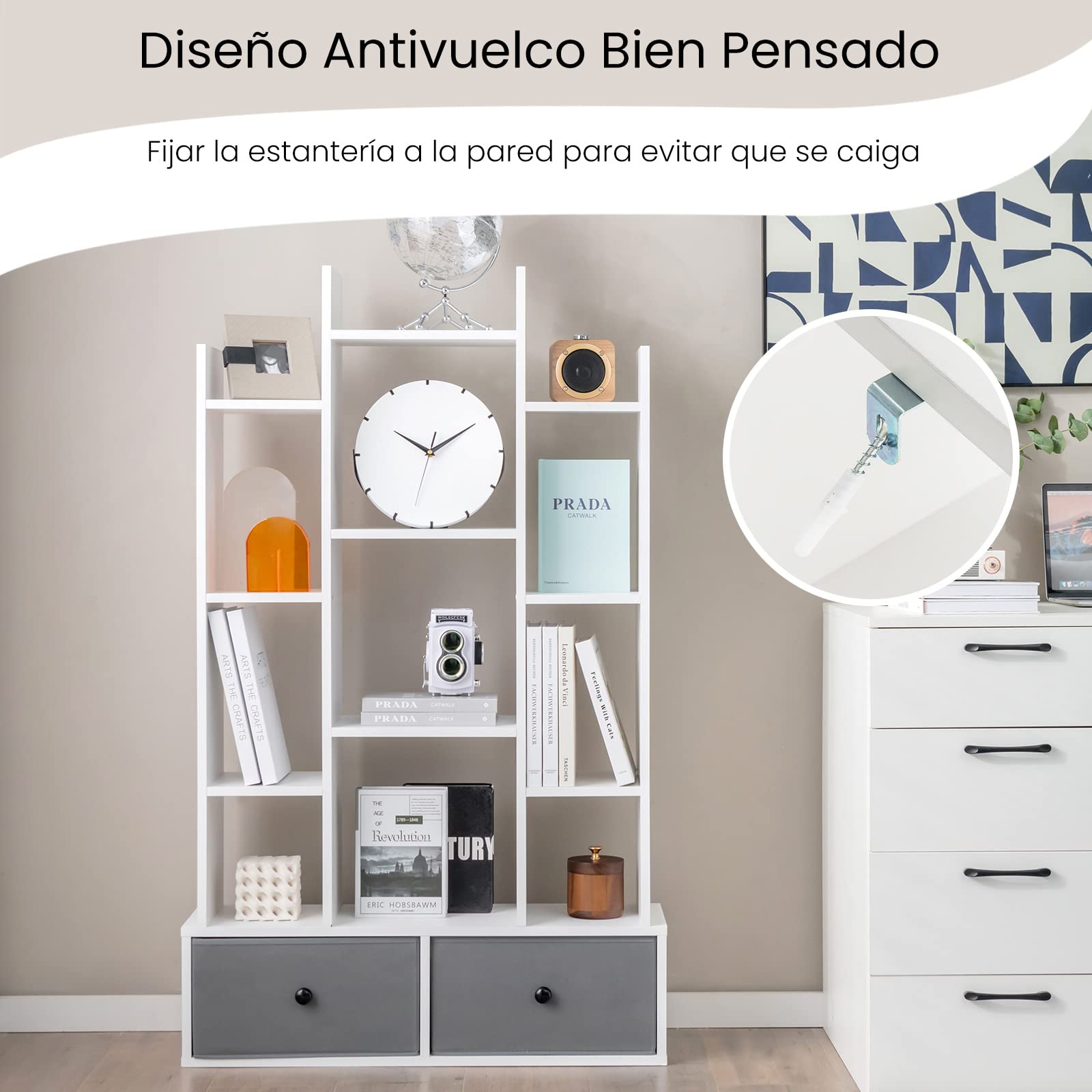 COSTWAY Estantería Librería de 12 Niveles con Cajón, Estabtería de Madera con 12 Compartimentos, Estudio, Sala de Estar, Dormitorio, 80 x 24 x 132cm (Blanco)