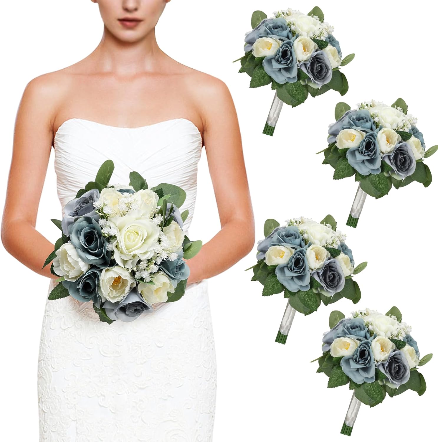 Set of 4 Bridesmaid Bouquets, 11 Inch Wedding Bouquets for Bridesmaids Artificial Flower Bouquets for Wedding Ceremony Bridal Shower Decorations - Dusty Blue & White